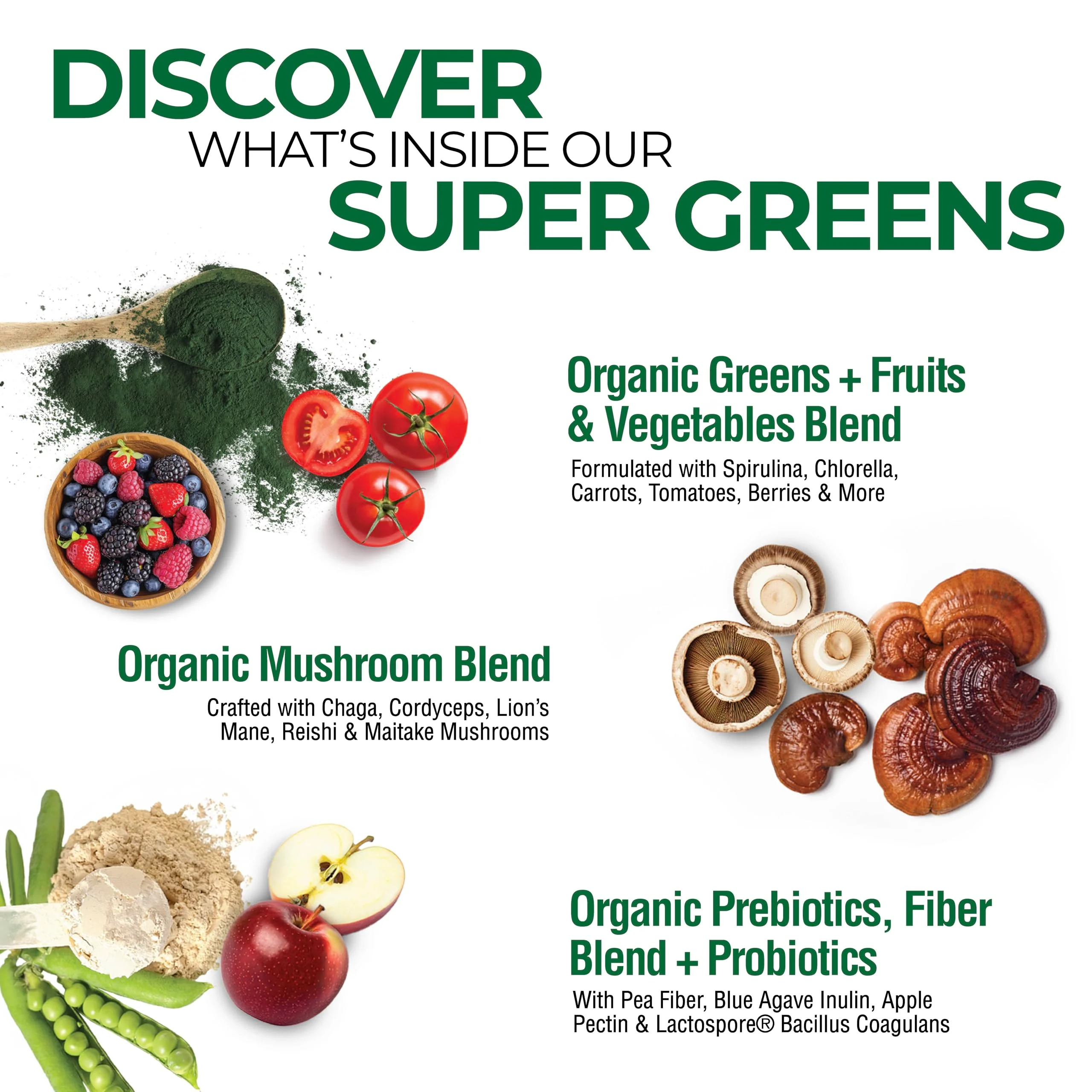 Country Farms Organic Super Greens Natural Flavor, 50 Organic Super Foods, Packed with Fiber, USDA Organic Drink Mix, Fruits, Vegetables, Mushrooms & Probiotics, Supports Energy, 6g Fiber - Image 8