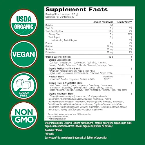 Country Farms Organic Super Greens Natural Flavor, 50 Organic Super Foods, Packed with Fiber, USDA Organic Drink Mix, Fruits, Vegetables, Mushrooms & Probiotics, Supports Energy, 6g Fiber - Image 9