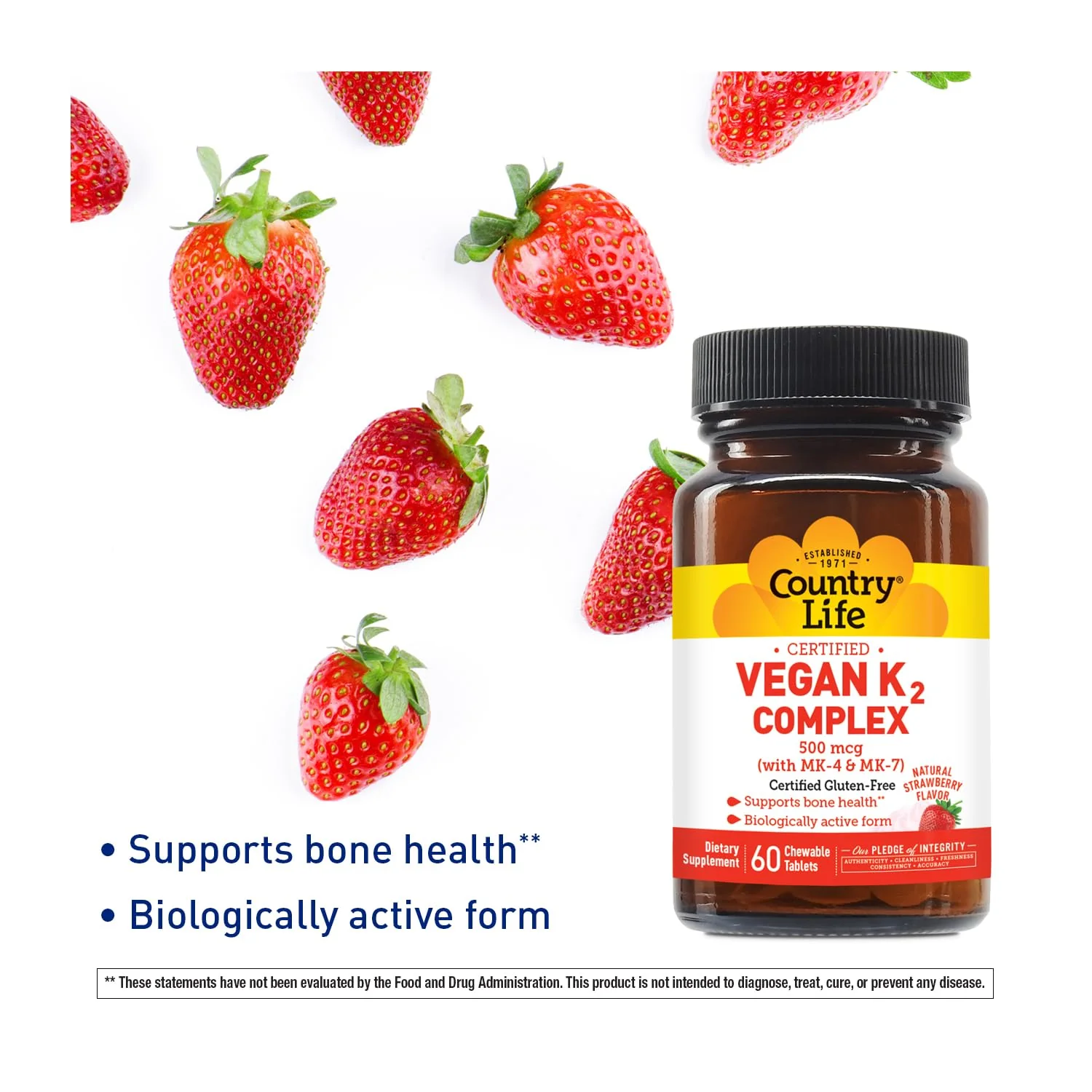 Country Life® Vegan K2-500 mcg, 60 Ct. Chewable Tablets. Strawberry Flavor - Certified Gluten Free - Certified Vegan by AVA – to Support Bone Health - Image 5