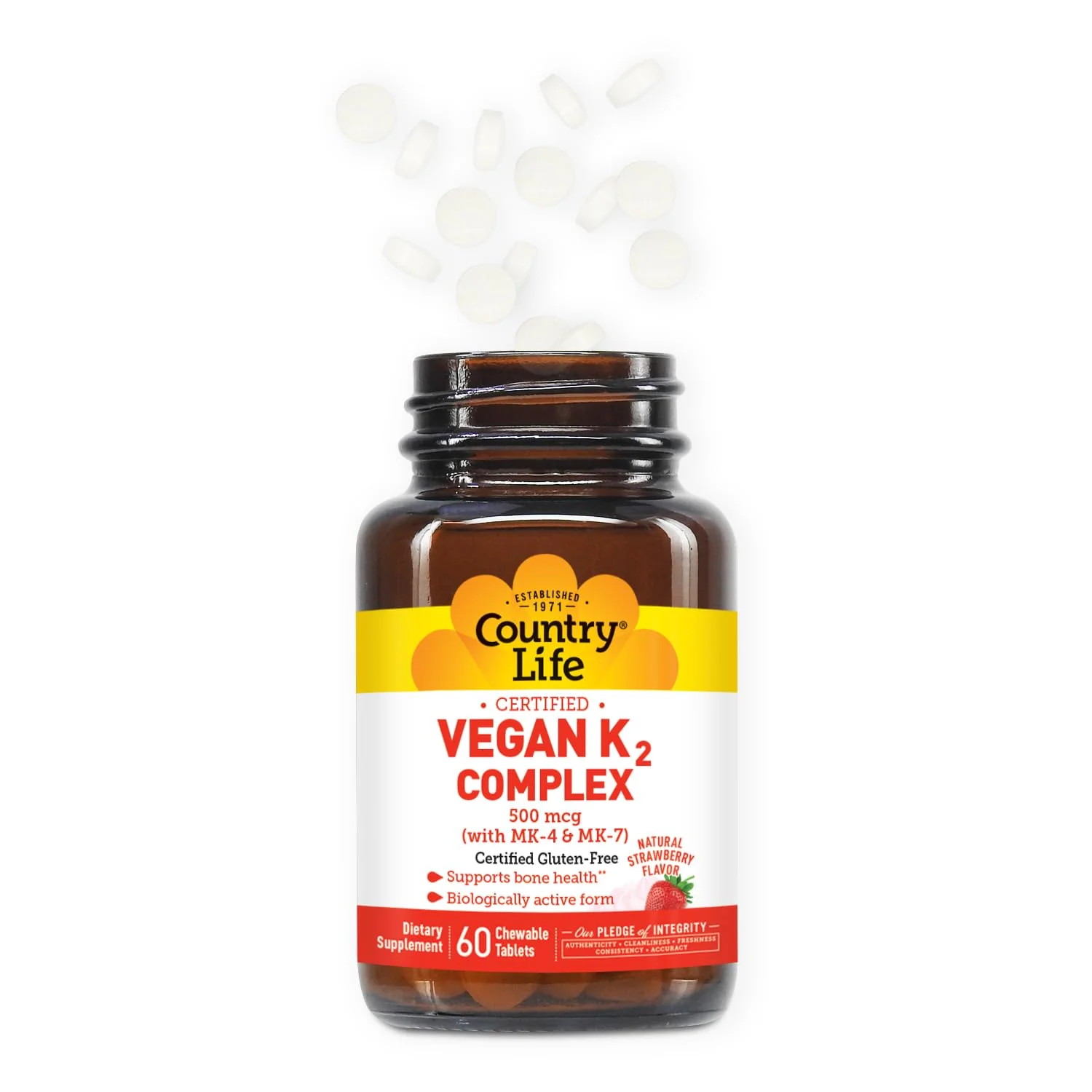 Country Life® Vegan K2-500 mcg, 60 Ct. Chewable Tablets. Strawberry Flavor - Certified Gluten Free - Certified Vegan by AVA – to Support Bone Health - Image 6