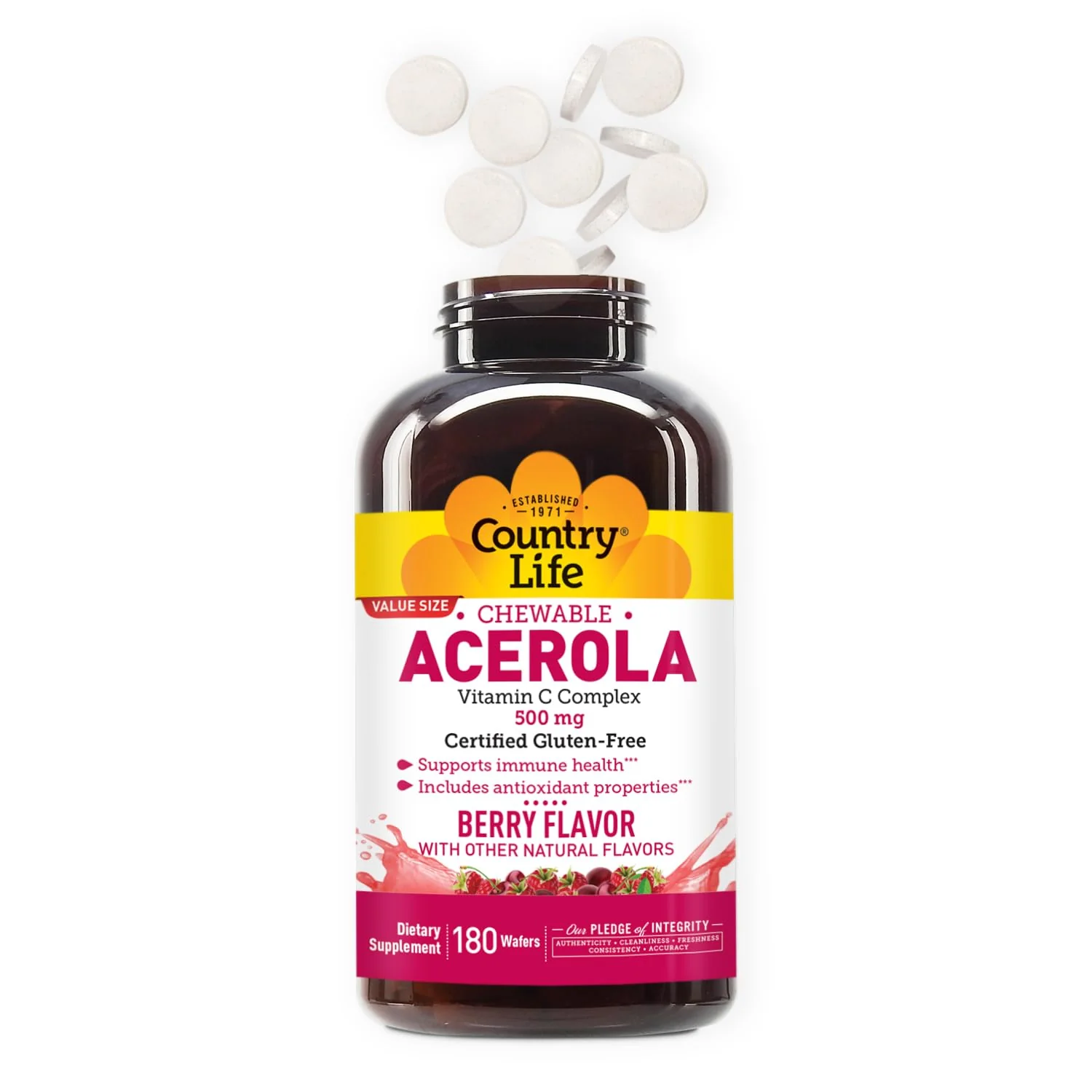 Country Life Acerola Vitamin C Complex, 500mg, Chewable Berry Flavored Wafers, Supports Immune Health, 180 Wafers, Certified Gluten Free by GFCO , Certified Vegan by AVA - Image 3