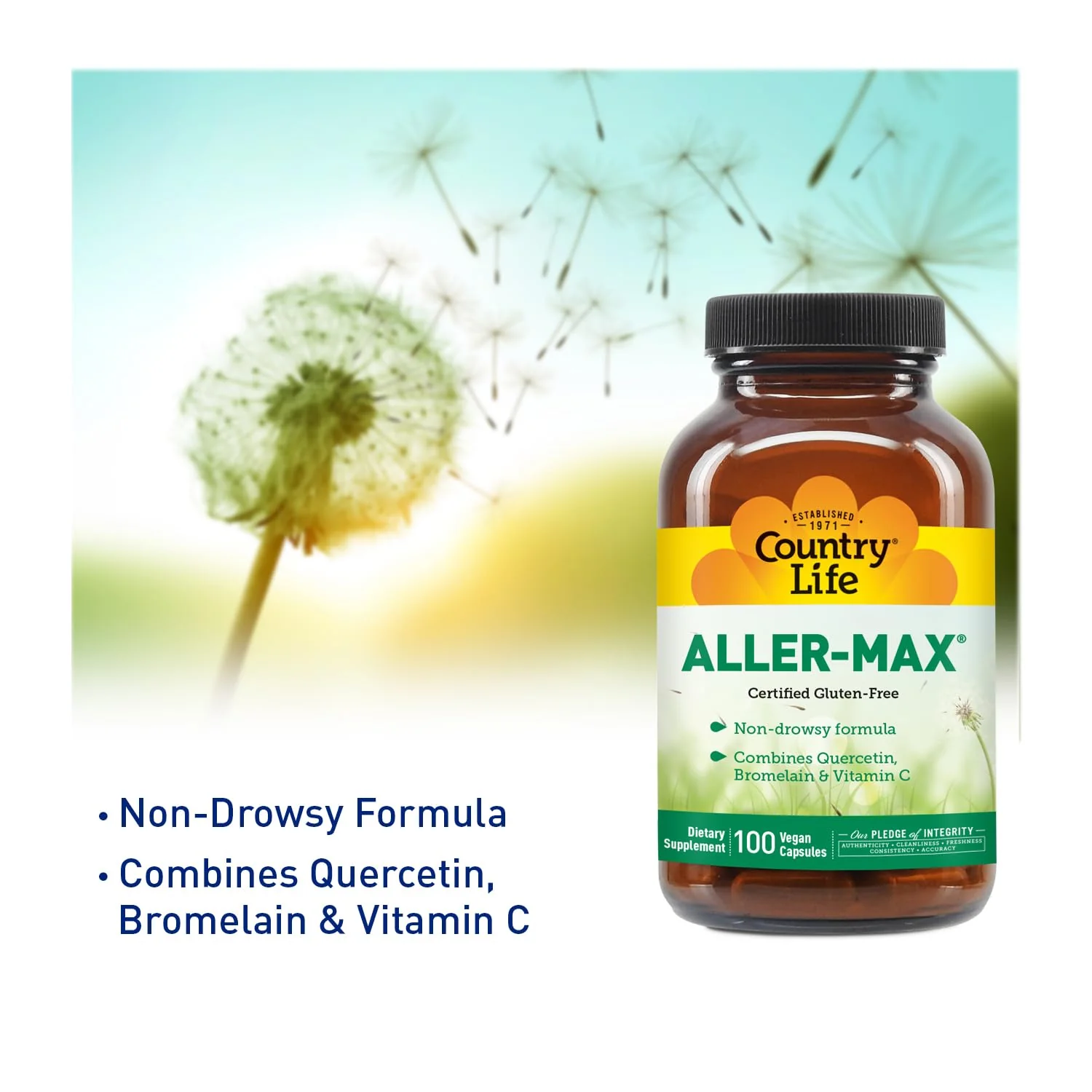 Country Life Aller-Max - Quercetin Supplements with Bromelain - Immune Support with Vitamin C, Zinc, and Botanical Blend - Certified Gluten-Free, Vegan (100 Count (Pack of 1)) - Image 7