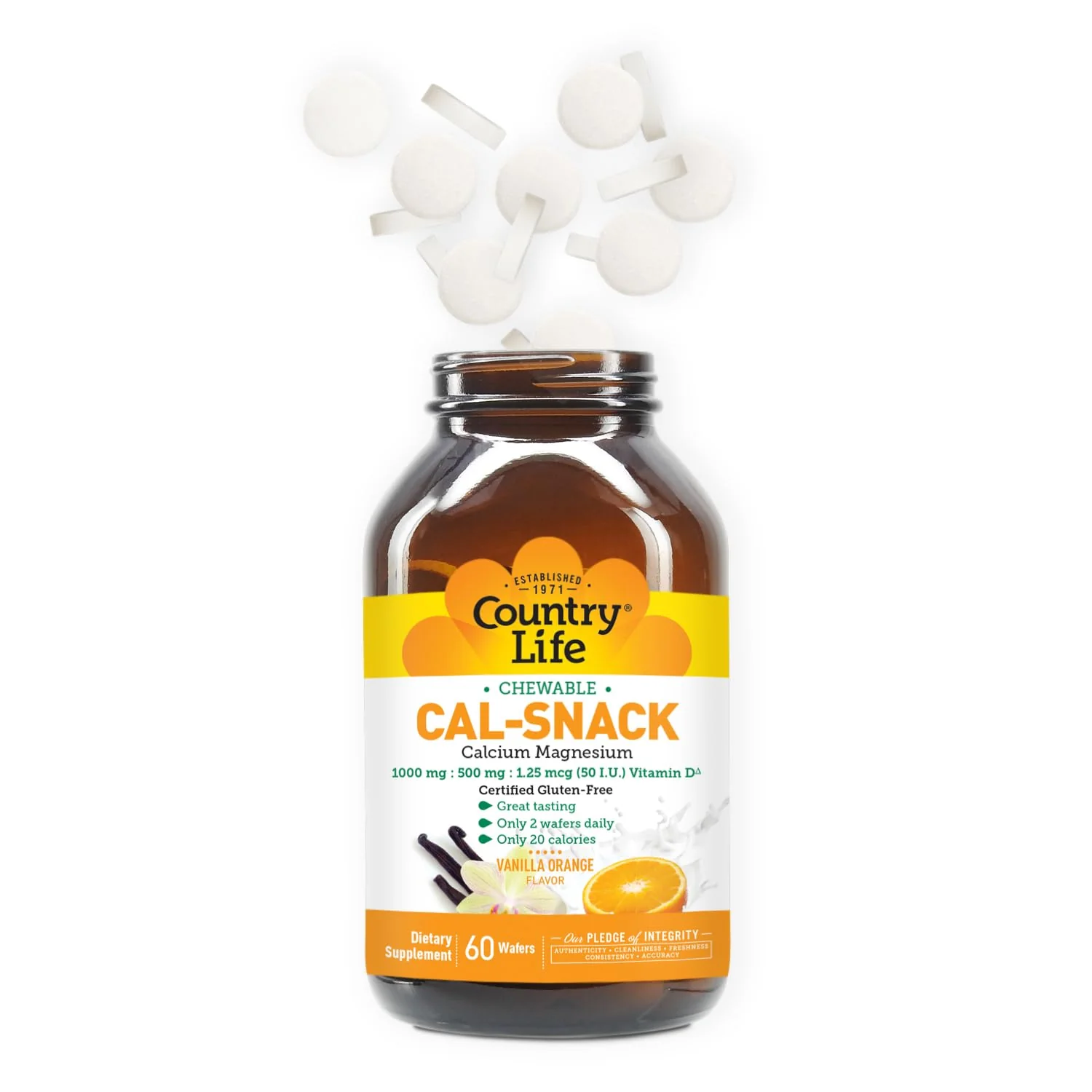 Country Life Cal-Snack, Chewable Calcium, Magnesium with Vitamin D, 1000mg/500mg/50 IU, Dairy-Free, Vanilla Orange Flavor, 60 Wafers, Certified Gluten Free, Certified Vegan - Image 2