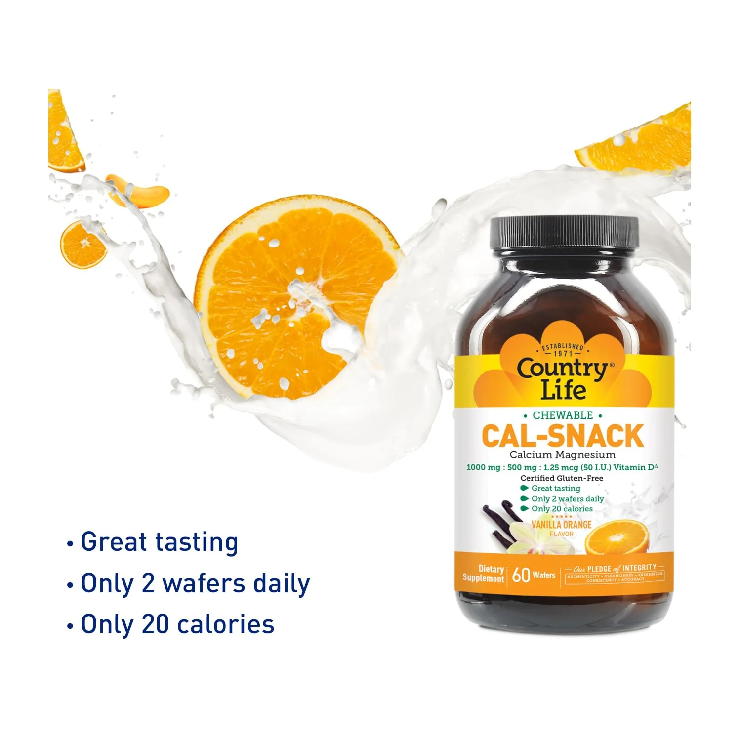 Country Life Cal-Snack, Chewable Calcium, Magnesium with Vitamin D, 1000mg/500mg/50 IU, Dairy-Free, Vanilla Orange Flavor, 60 Wafers, Certified Gluten Free, Certified Vegan - Image 6