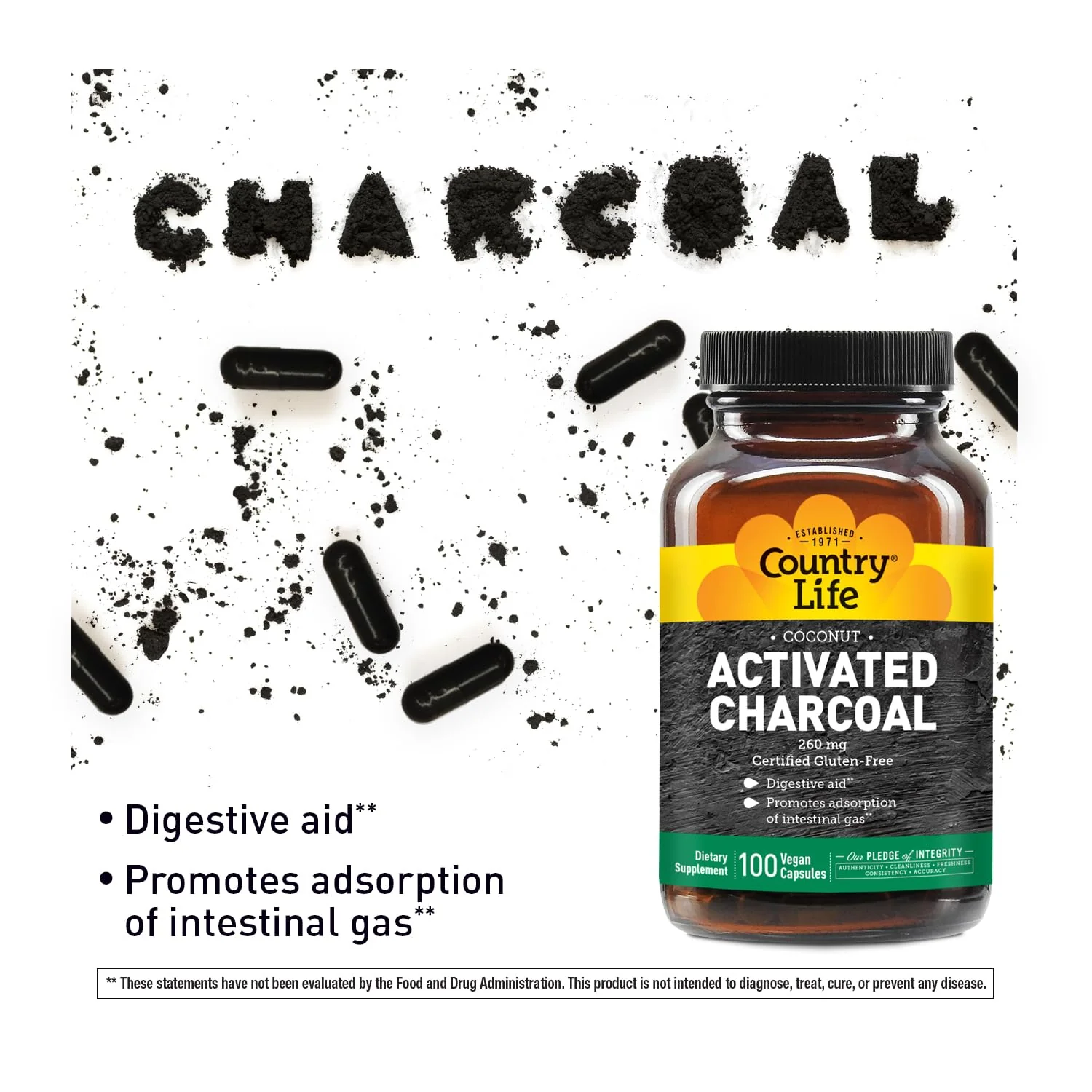 Country Life Coconut Activated Charcoal Capsules, 260mg – Natural Charcoal Supplement for Gas and Bloating Relief - Gluten-Free, 100 Vegan Capsules - Image 4