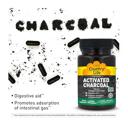 Country Life Coconut Activated Charcoal Capsules, 260mg – Natural Charcoal Supplement for Gas and Bloating Relief - Gluten-Free, 40 Vegan Capsules - Image 2