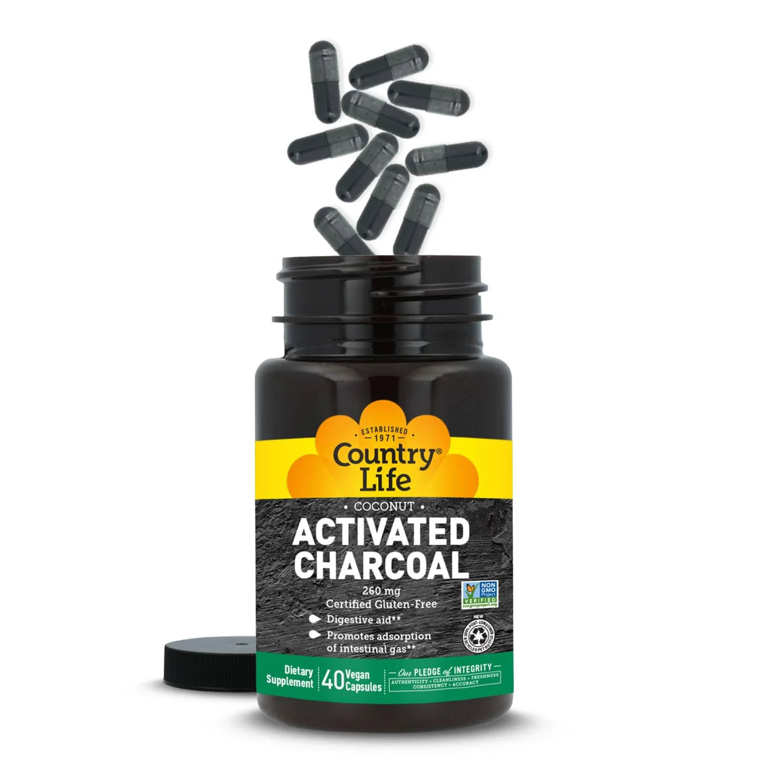 Country Life Coconut Activated Charcoal Capsules, 260mg – Natural Charcoal Supplement for Gas and Bloating Relief - Gluten-Free, 40 Vegan Capsules - Image 3