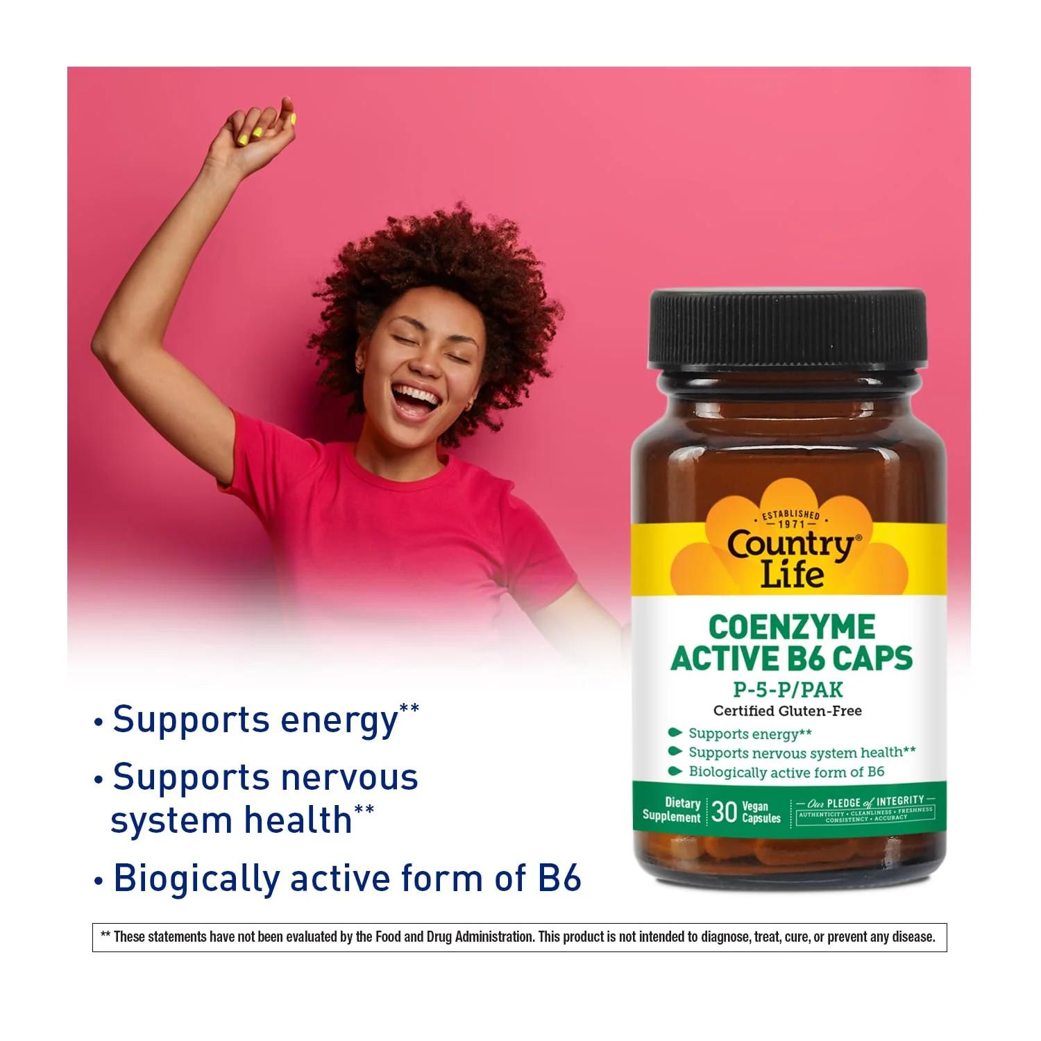 Country Life Coenzyme Active B-6, 50mg Vitamin B6-30 Vegetarian Capsules - Supports Energy, Nervous & Immune Systems - 25mg P-5-P Vitamin B6 - Certified Gluten Free, Vegan - No Artificial Additives - Image 4