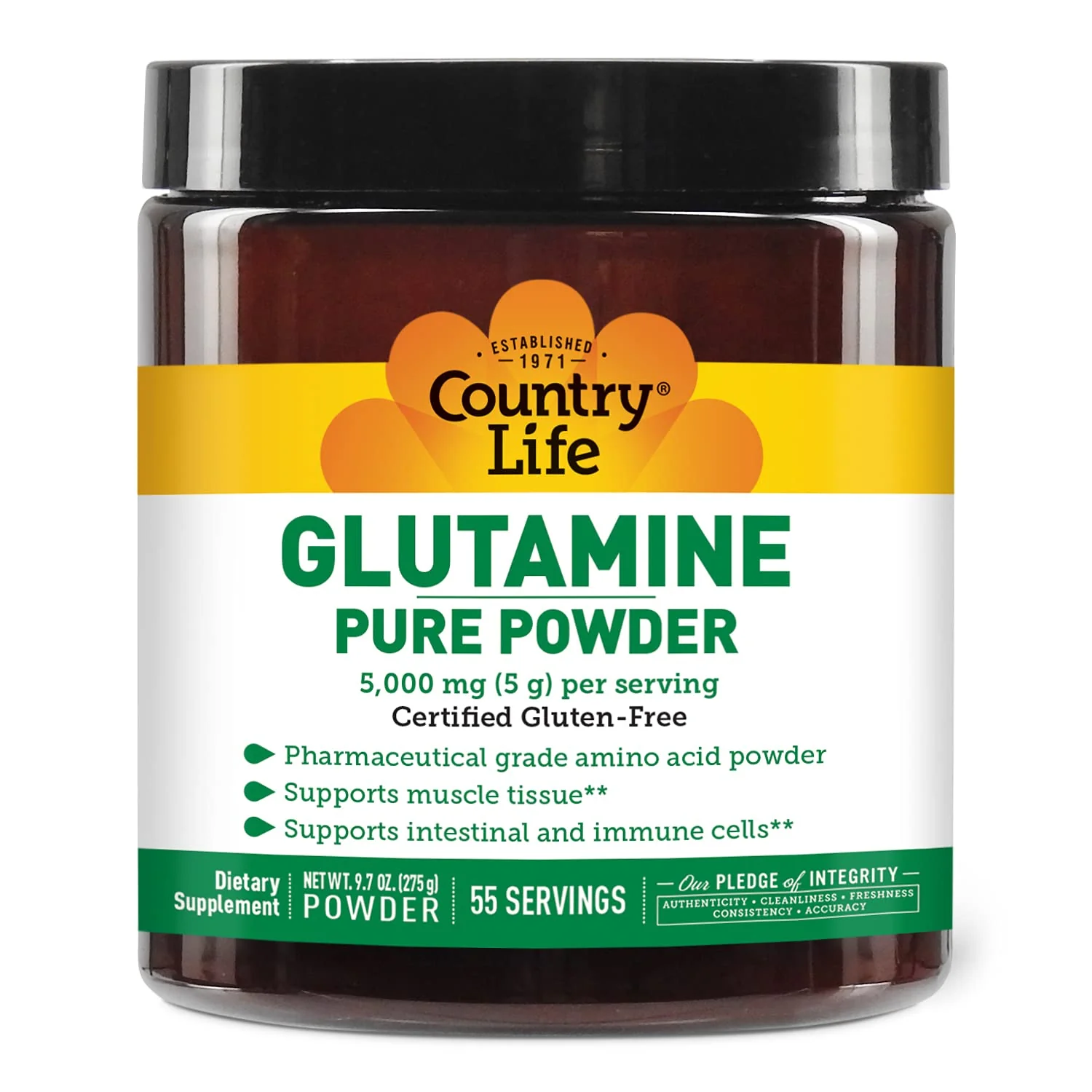 Country Life Glutamine Pure Powder - 5000mg L-Glutamine - Muscle Tissue, Gut Health, Immune Support - Gluten-Free Certified - Ideal Pre/Post Workout Amino Acid Supplement, 55 Servings, 9.7oz