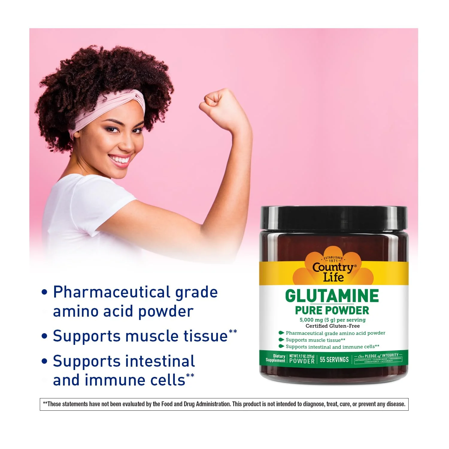 Country Life Glutamine Pure Powder - 5000mg L-Glutamine - Muscle Tissue, Gut Health, Immune Support - Gluten-Free Certified - Ideal Pre/Post Workout Amino Acid Supplement, 55 Servings, 9.7oz - Image 6
