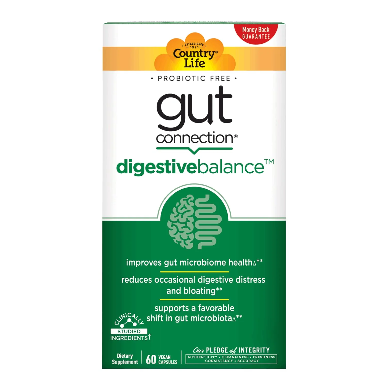 Country Life Gut Connection Digestive Balance – Prebiotic & Digestive Enzyme Supplement for Gut Health, Bloating Relief, and Improved Bowel Movements – Gluten-Free, Vegan, Non-GMO, 60 Capsules - Image 4