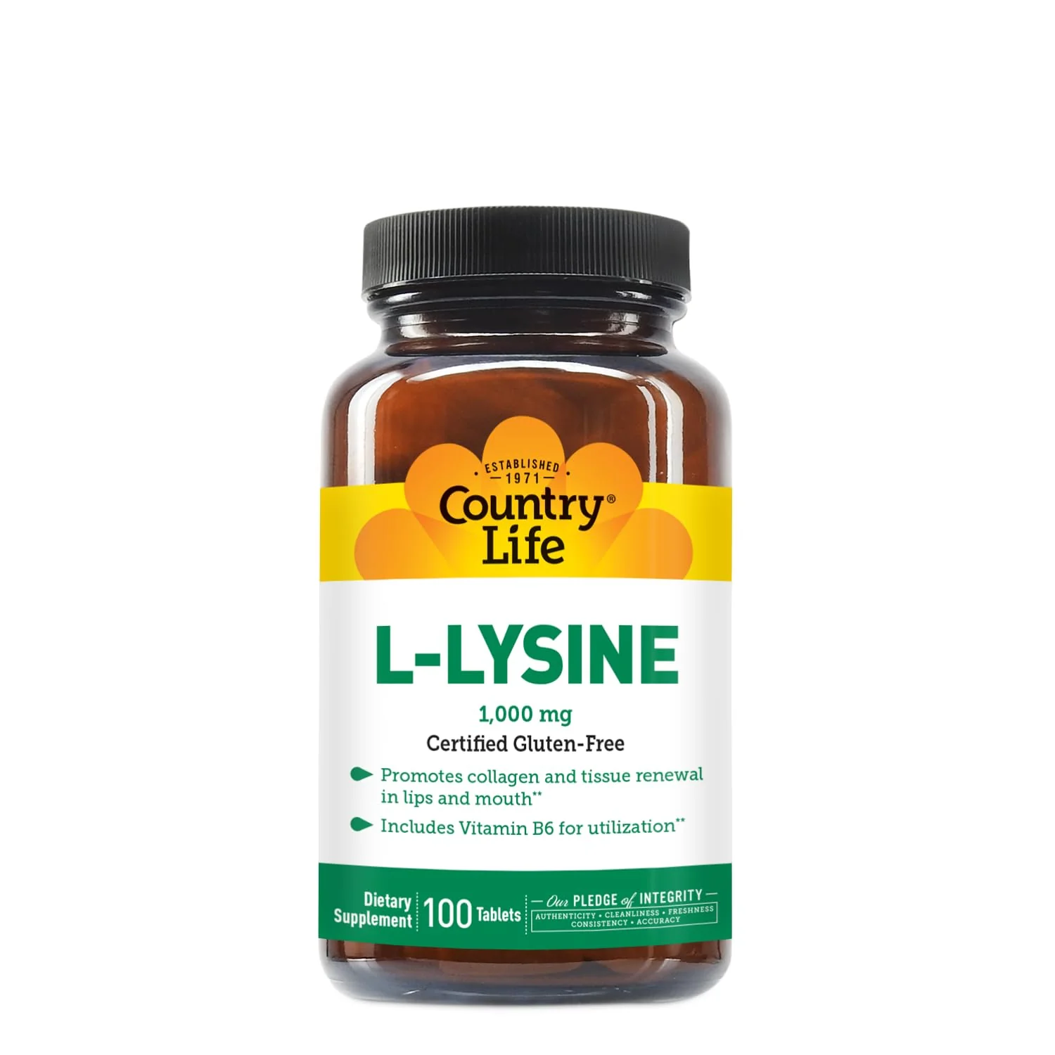 Country Life L-Lysine 1000mg with B-6, Supports Immune Health, Promotes Collagen Renewal in Lips and Mouth, 100-Count, Certified Gluten Free, Certified Vegan - Image 4