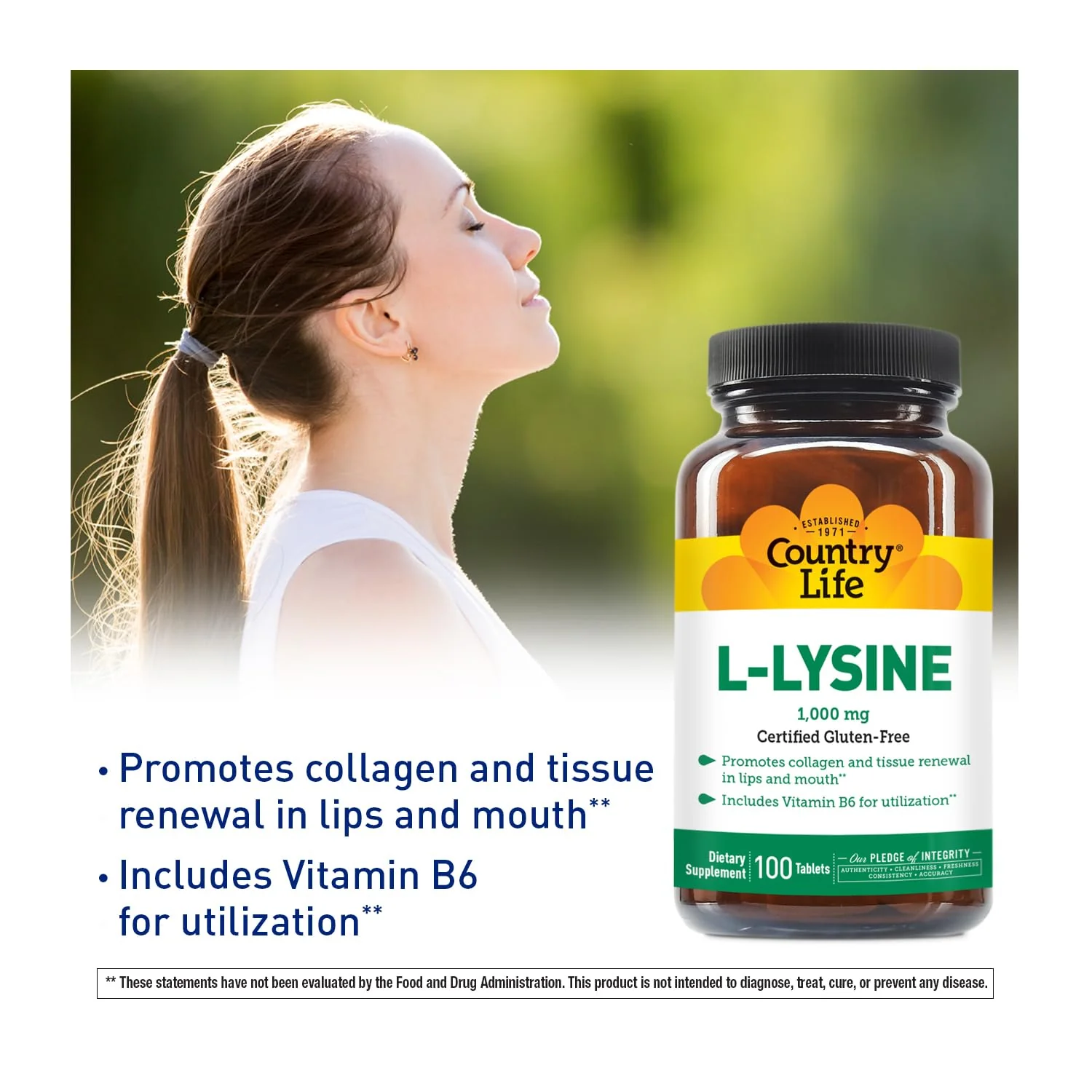 Country Life L-Lysine 1000mg with B-6, Supports Immune Health, Promotes Collagen Renewal in Lips and Mouth, 100-Count, Certified Gluten Free, Certified Vegan - Image 6