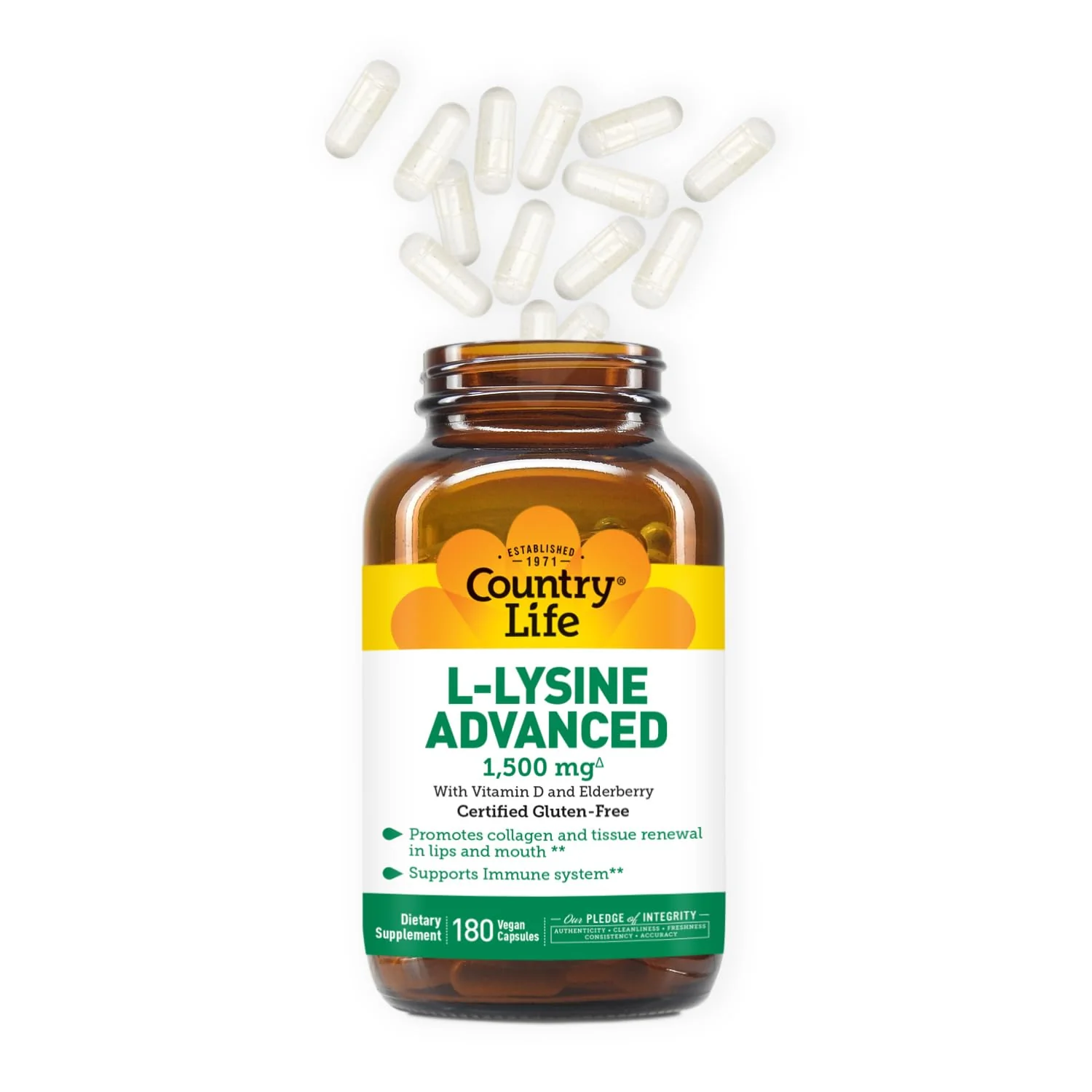 Country Life L-Lysine 1500mg Capsules with Vitamin D & Elderberry – Advanced Immune Support and Collagen Renewal – Certified Gluten-Free & Vegan – 180 Capsules - Image 6
