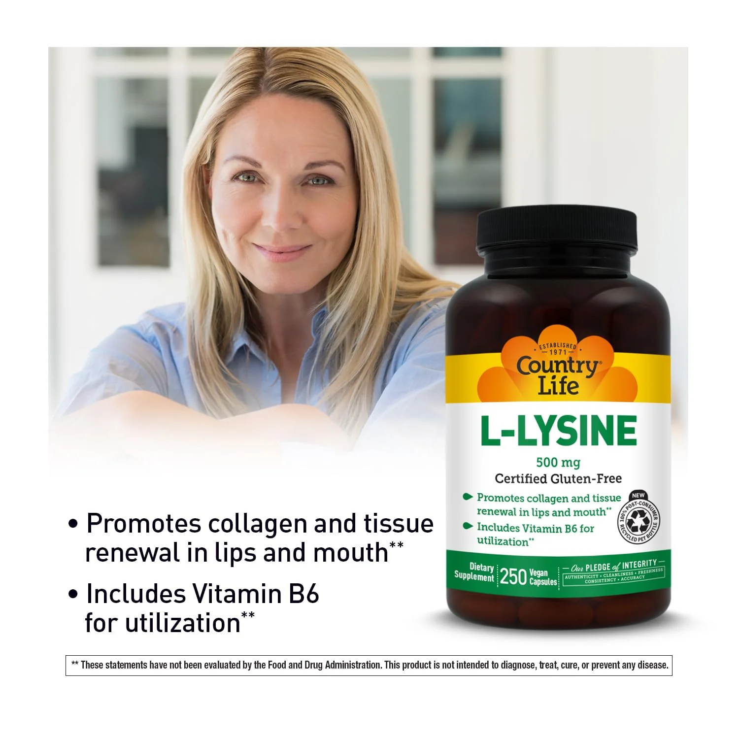 Country Life L-Lysine 500mg with B-6, Supports Immune Health, Promotes Collagen Renewal in Lips and Mouth, 250 Vegan Capsules, Certified Gluten Free, Certified Vegan - Image 6