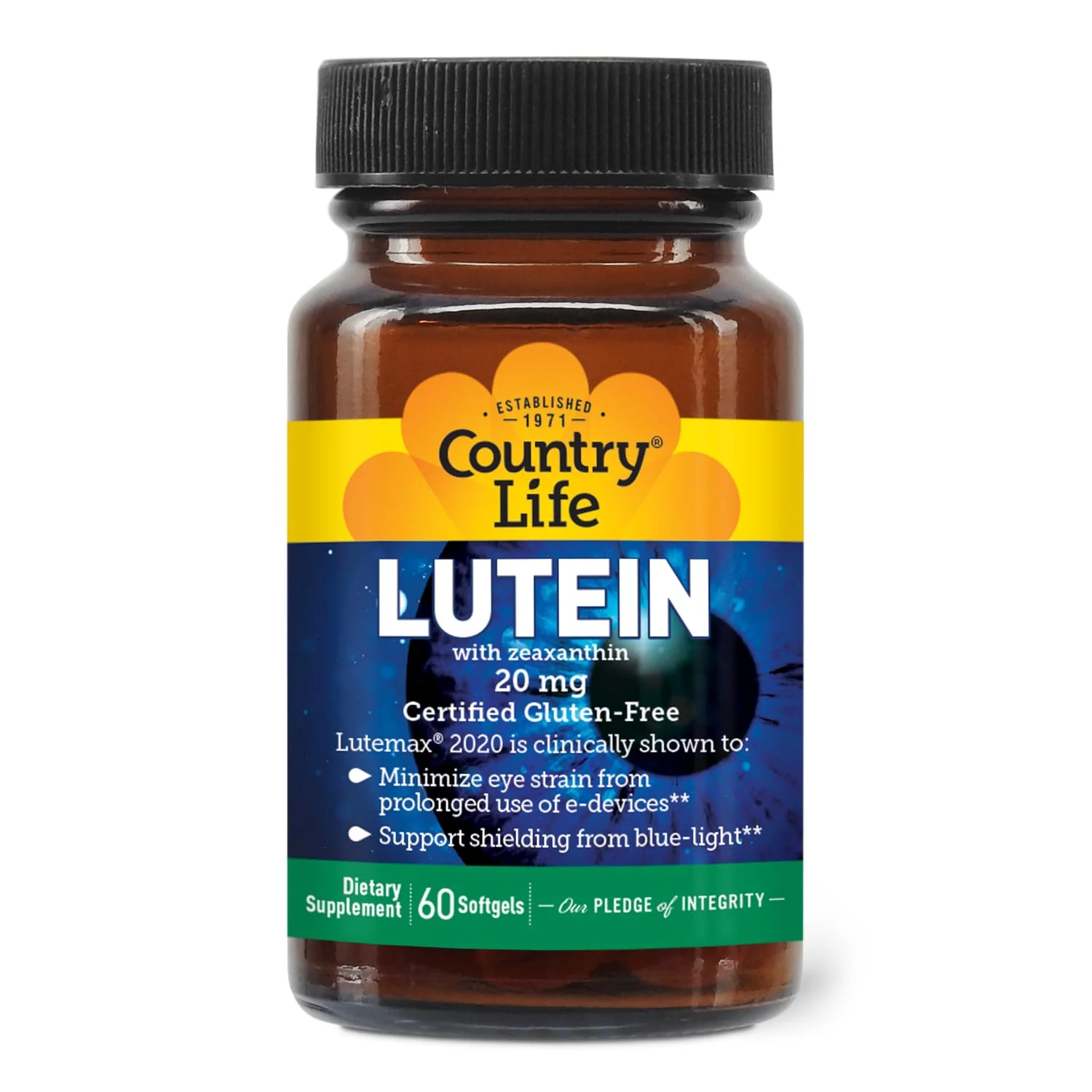 Country Life Lutein 20 mg Supplement - Certified Gluten-Free - Eye Health Support with Lutein and Zeaxanthin - Reduces Eye Strain from Screens - No Yeast, Corn, Wheat, Milk - 60 Softgels
