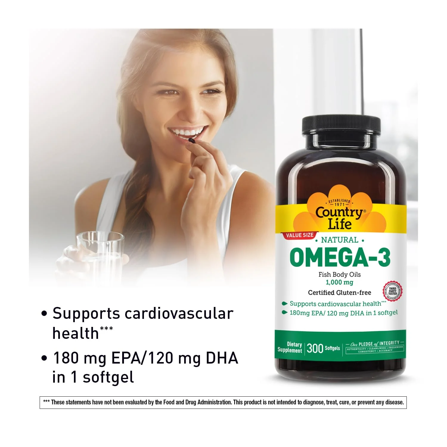 Country Life Omega-3 Fish Oil Supplement, 1000mg, 180mg EPA & 120mg DHA, Fish Oil Concentrate, Burpless, 300 Softgels, Certified Gluten Free - Image 5