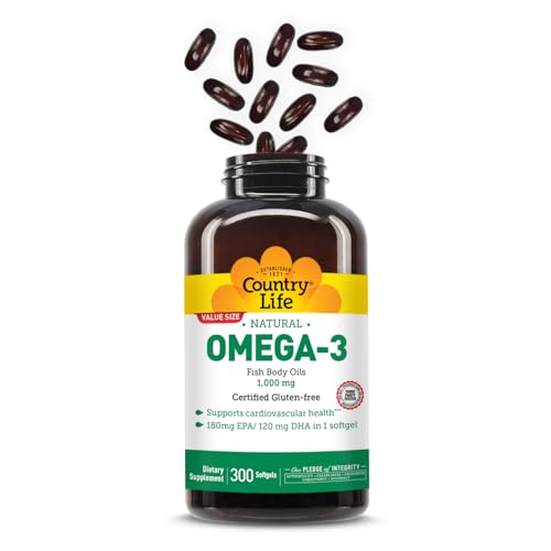 Country Life Omega-3 Fish Oil Supplement, 1000mg, 180mg EPA & 120mg DHA, Fish Oil Concentrate, Burpless, 300 Softgels, Certified Gluten Free - Image 6