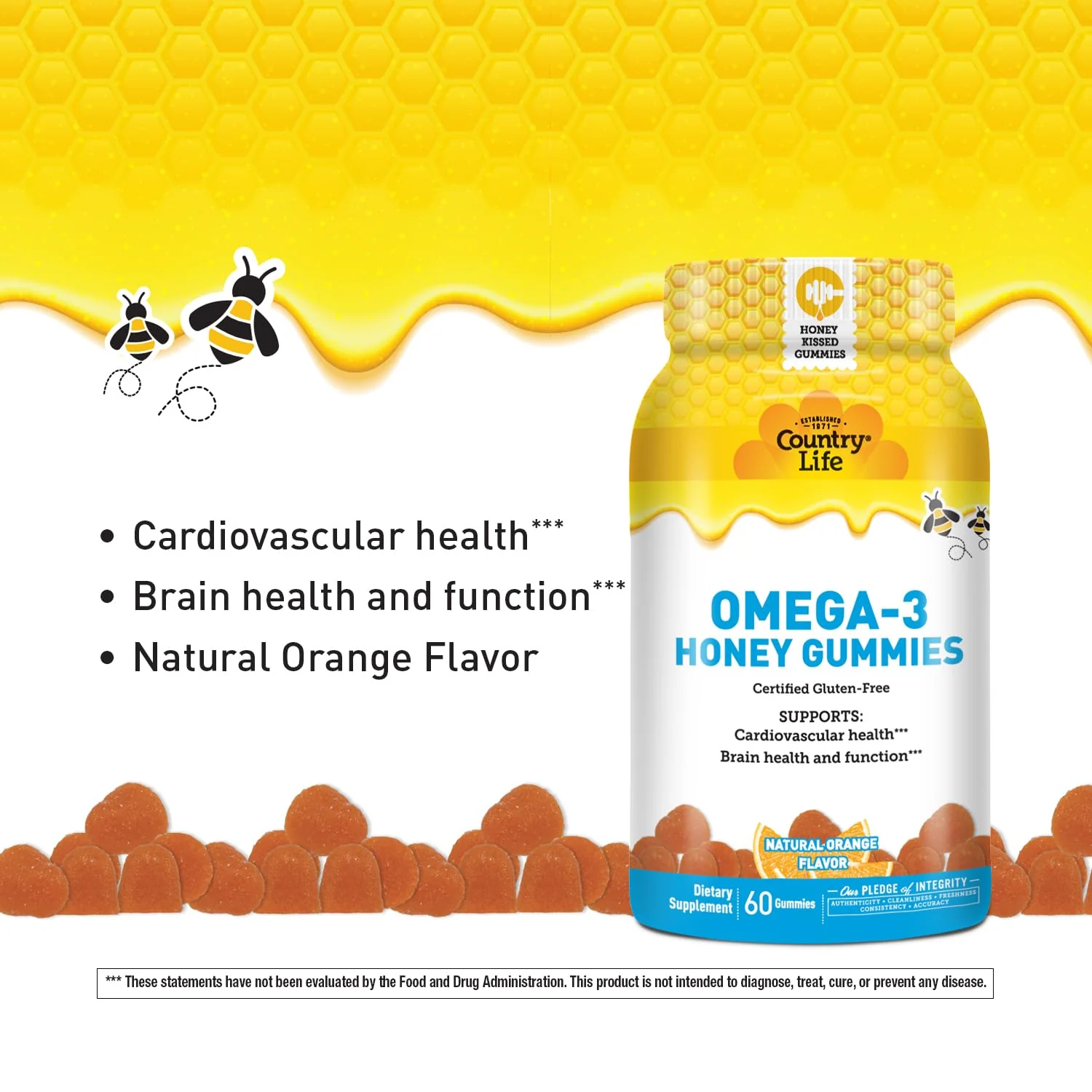 Country Life Omega-3 Honey Gummies – Cardiovascular & Brain Health Support – Non-GMO, Certified Gluten Free – Naturally Sweetened – 60 Gummies - Image 3