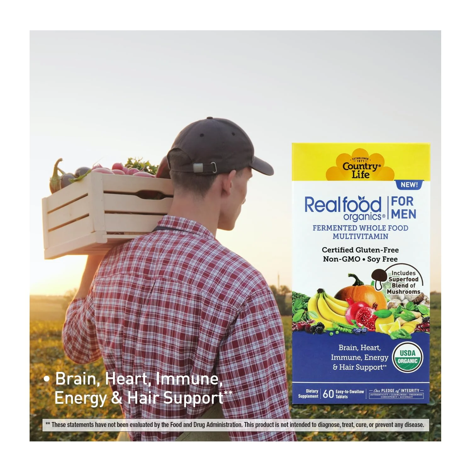 Country Life RealFood Organics for Men – 60 Tablets | 1,300mg Organic Fermented Whole Foods, 7-Mushroom Superfood & Aloe – Certified Gluten-Free, Vegan & USDA Organic Multivitamin - Image 4