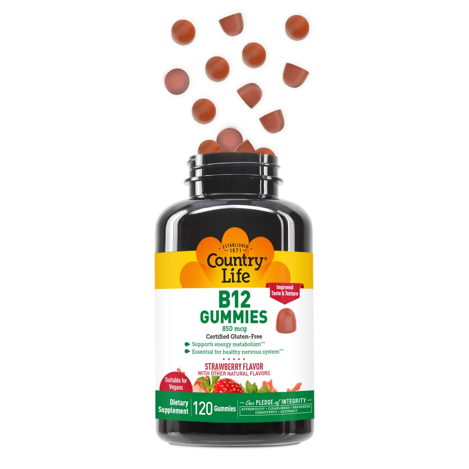 Country Life Vitamin B12 Gummies – 850 mcg Cyanocobalamin, 120 Count – Vegan, Gluten-Free Gummy Supplement for Energy Metabolism & Nervous System Support – Natural Strawberry Flavor, 2g Sugar - Image 3