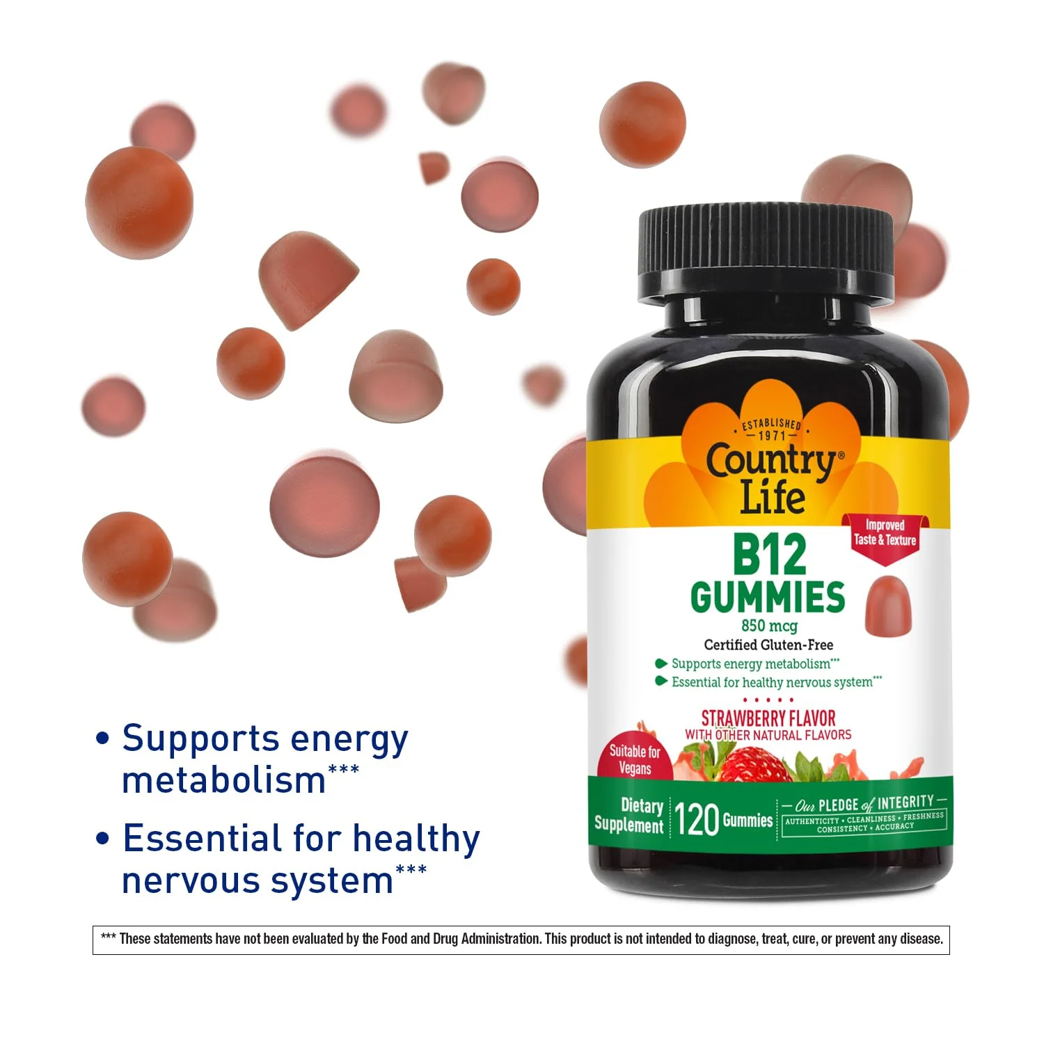 Country Life Vitamin B12 Gummies – 850 mcg Cyanocobalamin, 120 Count – Vegan, Gluten-Free Gummy Supplement for Energy Metabolism & Nervous System Support – Natural Strawberry Flavor, 2g Sugar - Image 6