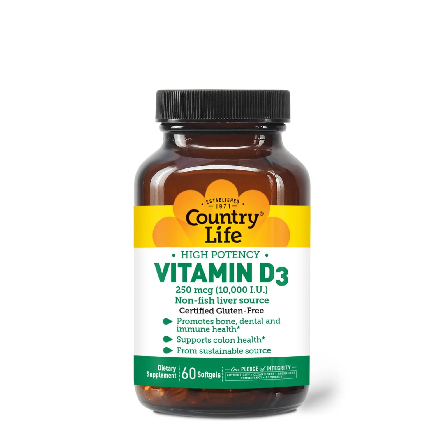 Country Life Vitamin D3 10,000 IU – High Potency, Non-Fish Source | Bone, Immune & Colon Health Support | 60 Softgels | Certified Gluten-Free, Clean Formula with MCT Oil for Better Absorption