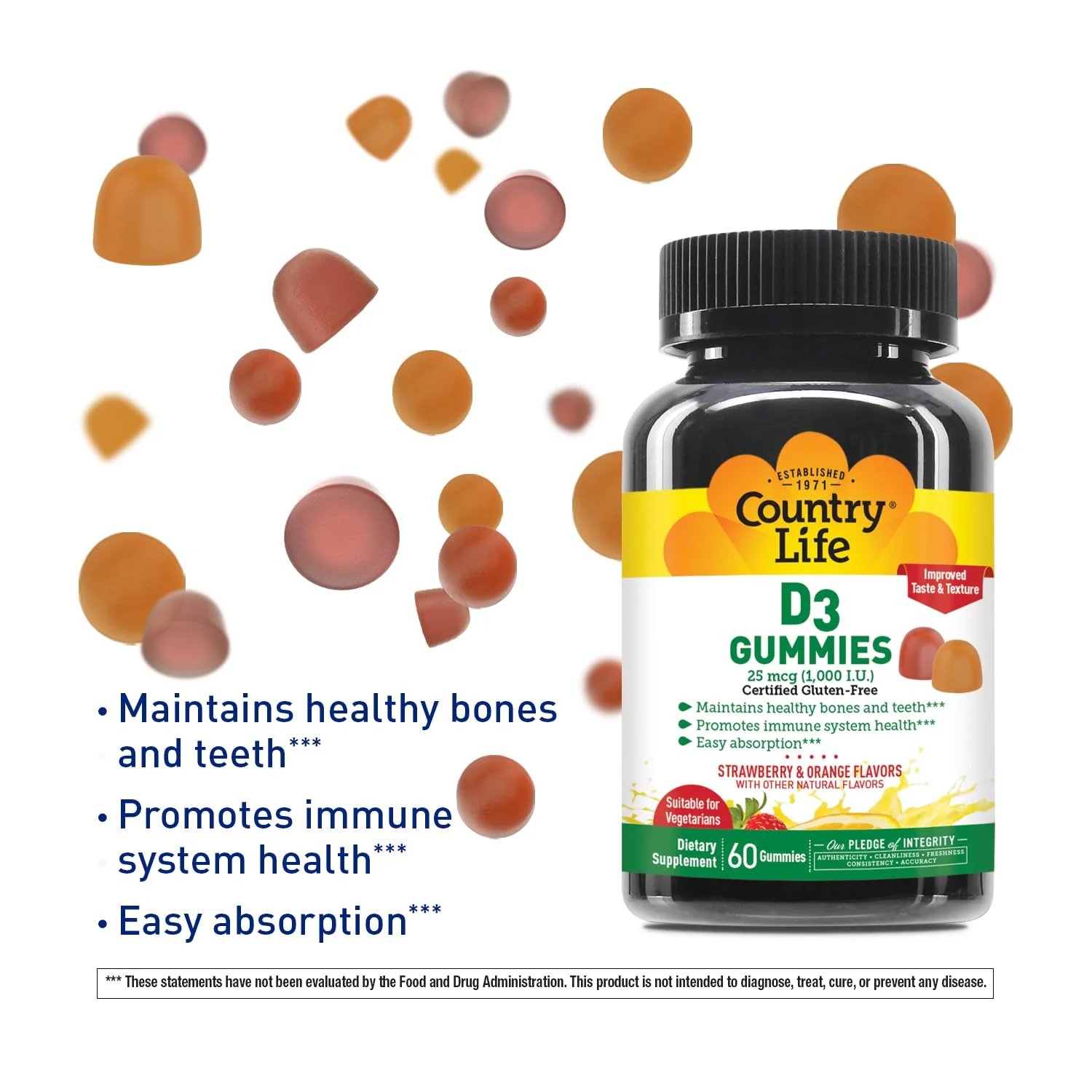 Country Life Vitamin D3 Gummies – 1,000 IU Cholecalciferol, 60 Count – Supports Bone & Immune Health – Vegetarian, Gluten-Free, Strawberry & Orange Flavors – Pectin-Based, No Artificial Sweeteners - Image 4