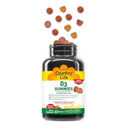 Country Life Vitamin D3 Gummies – 1,000 IU Cholecalciferol, 60 Count – Supports Bone & Immune Health – Vegetarian, Gluten-Free, Strawberry & Orange Flavors – Pectin-Based, No Artificial Sweeteners - Image 6