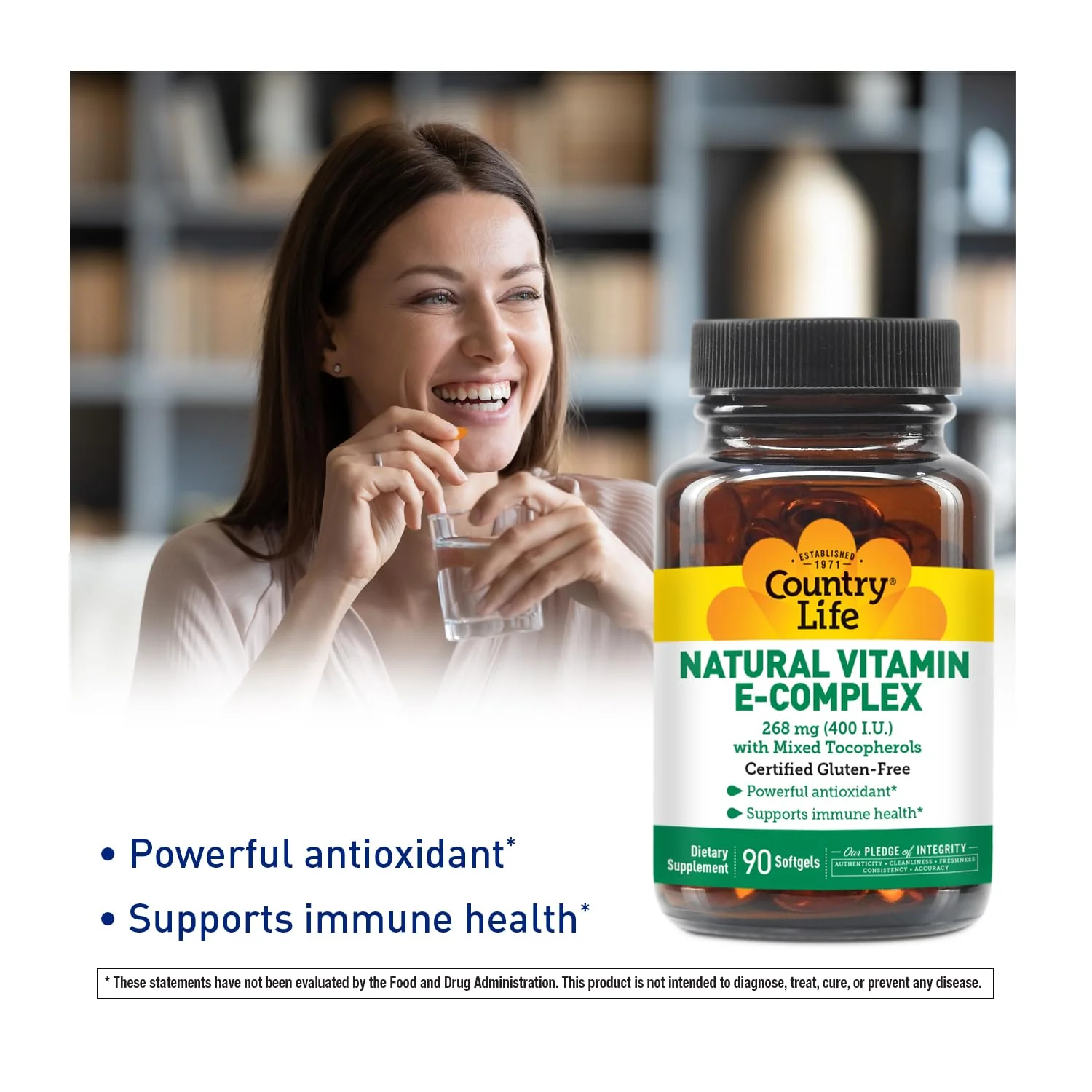 Country Life Vitamin E-Complex 400 IU – Natural Mixed Tocopherols – Antioxidant & Immune Support – Promotes Skin Health & Fights Oxidative Stress – Certified Gluten-Free – 90 Softgels - Image 6