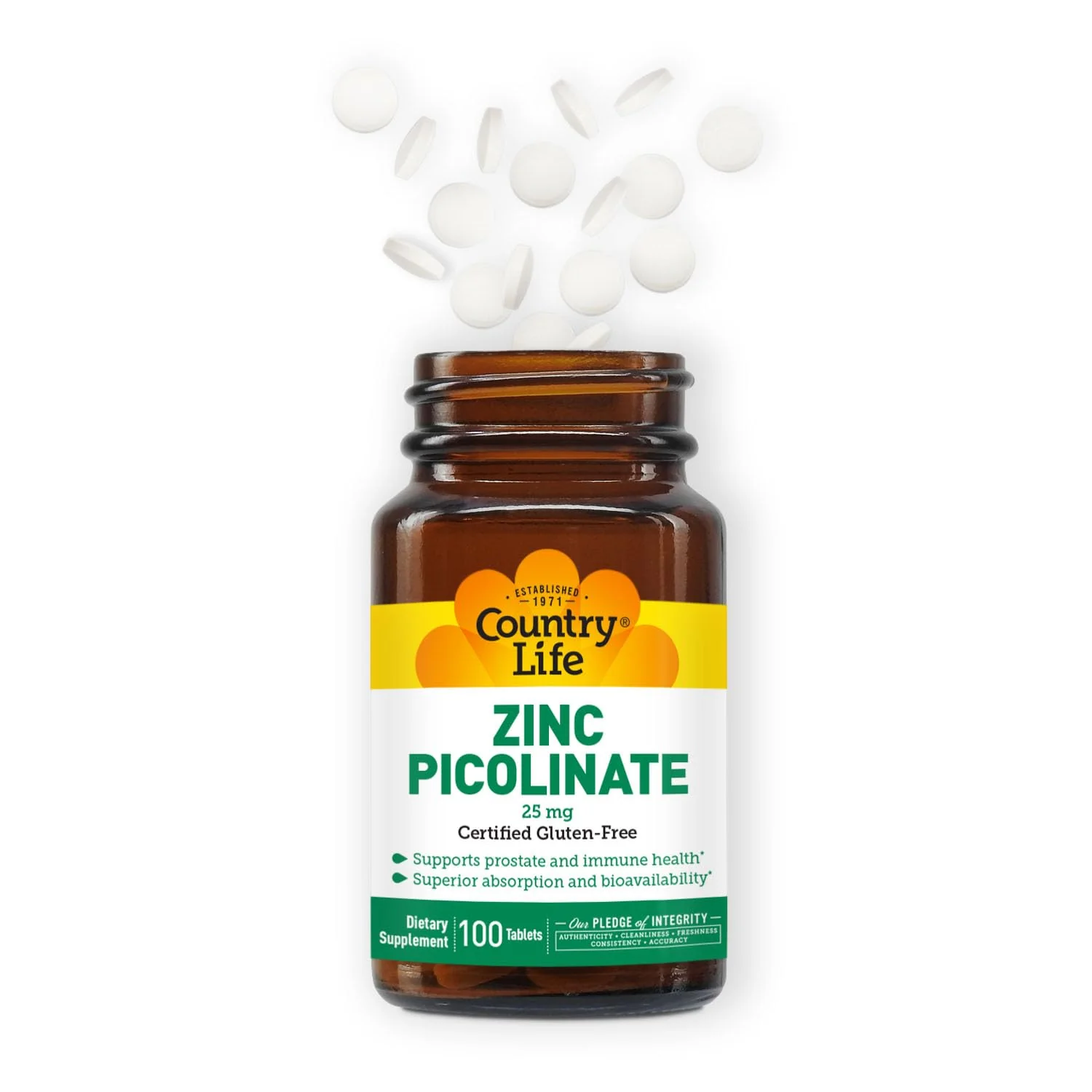 Country Life Zinc Picolinate 25 mg - Superior Absorption Zinc Supplement for Immune Support, Prostate Health & Cellular Wellness - Certified Gluten-Free, Vegan & Halal, Non-GMO - 100 Tablets - Image 2