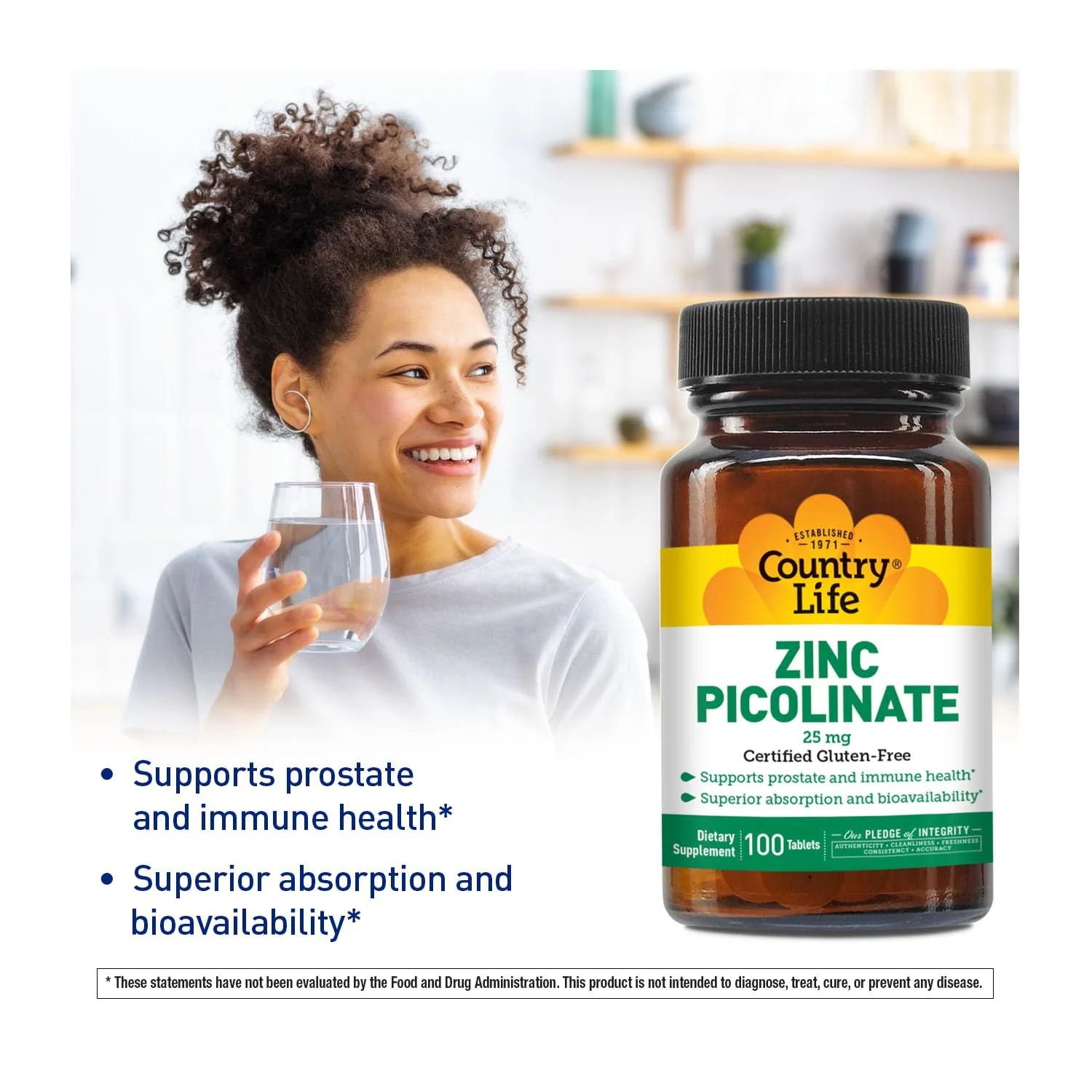 Country Life Zinc Picolinate 25 mg - Superior Absorption Zinc Supplement for Immune Support, Prostate Health & Cellular Wellness - Certified Gluten-Free, Vegan & Halal, Non-GMO - 100 Tablets - Image 6