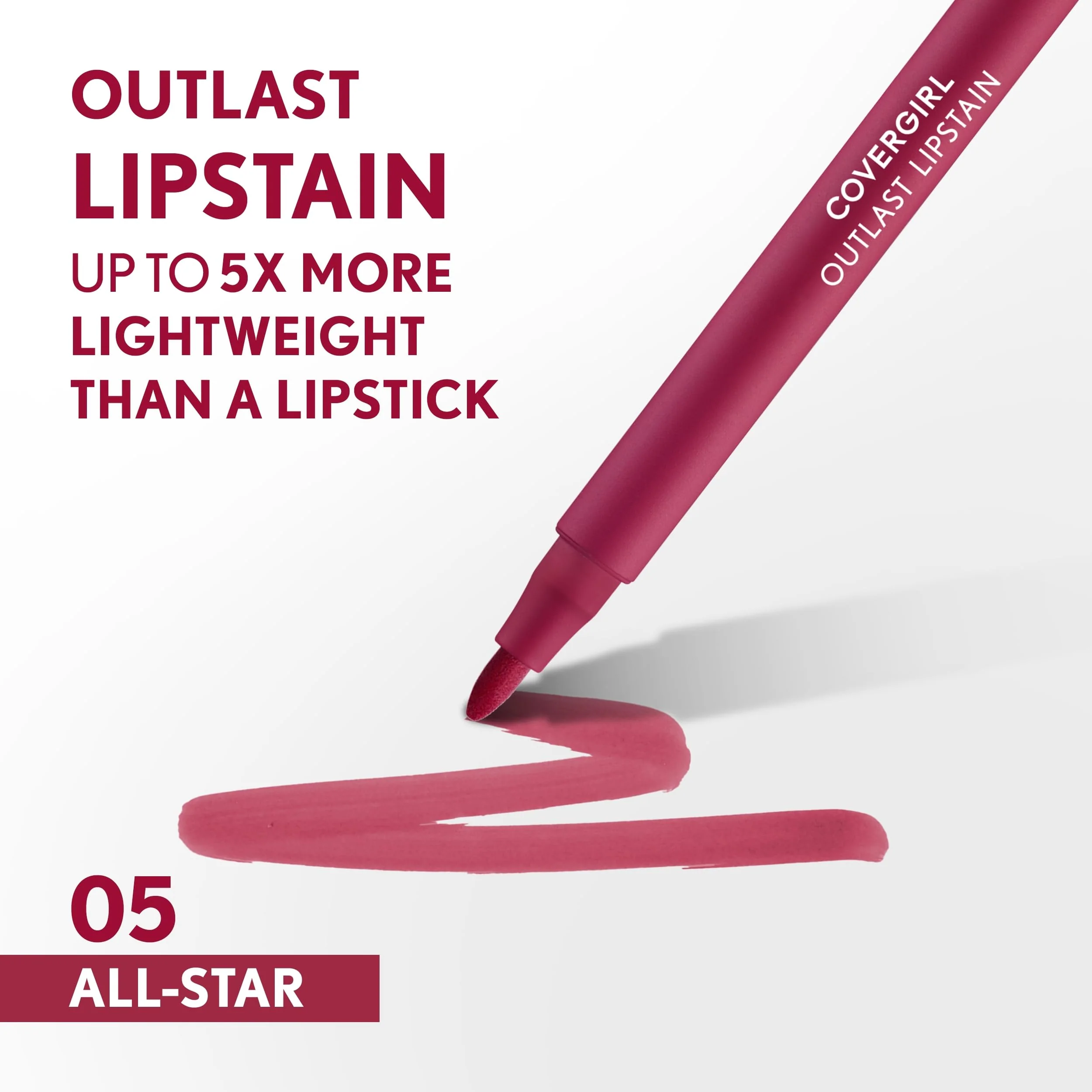 Covergirl Outlast, 05 All-Star, Lipstain, Smooth Application, Precise Pen-Like Tip, Transfer-Proof, Satin Stained Finish, Vegan Formula, 0.06oz - Image 7