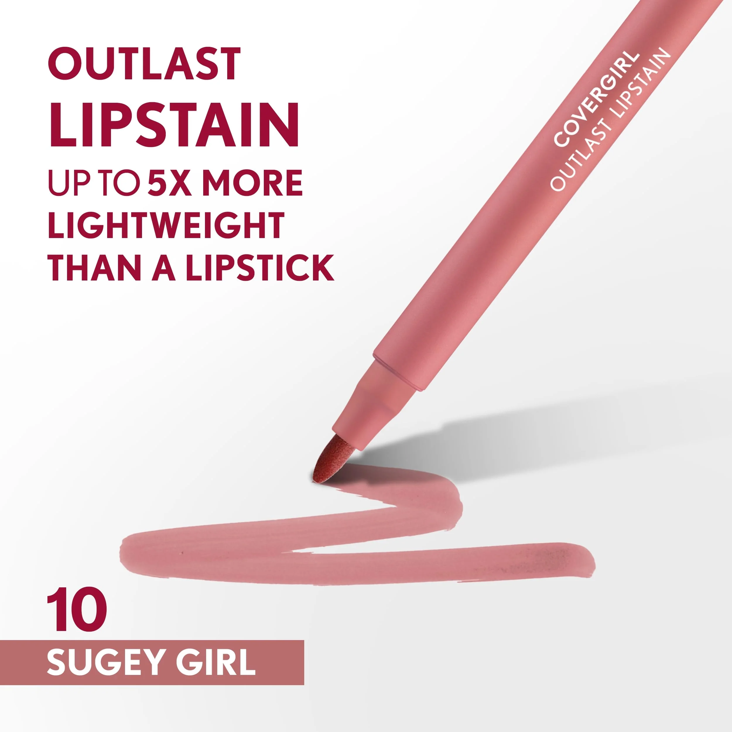 COVERGIRL Outlast, 10 Sugey Girl, Lipstain, Smooth Application, Precise Pen-Like Tip, Transfer-Proof, Satin Stained Finish, Vegan Formula, 0.06oz - Image 7