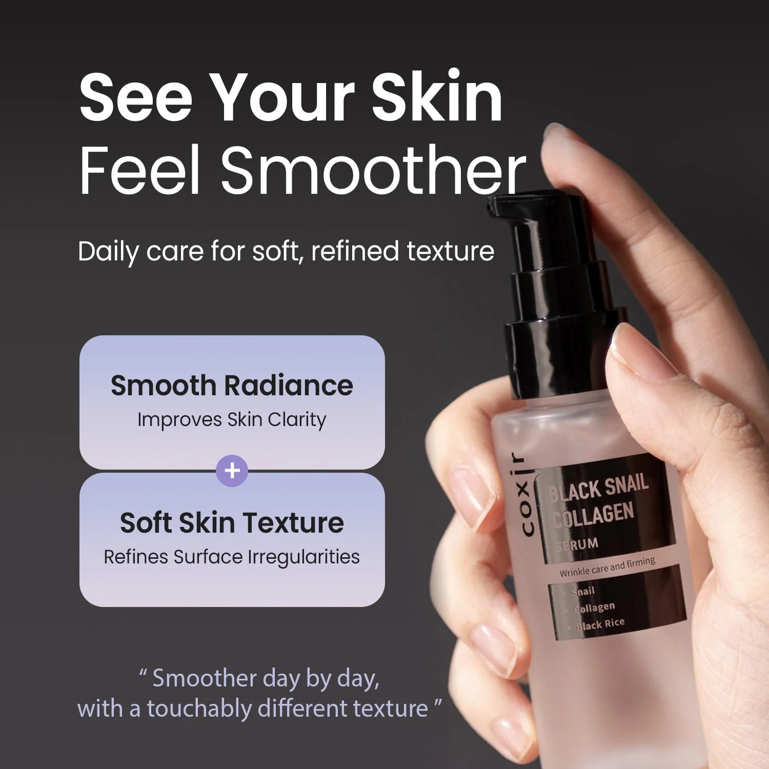 coxir Black Snail Collagen Serum – Concentrated Snail Mucin Essence for Skin Resilience, Hydration & Smooth Texture | Lightweight Korean Facial Serum for Daily Moisture Care(1.69 fl.oz) - Image 2
