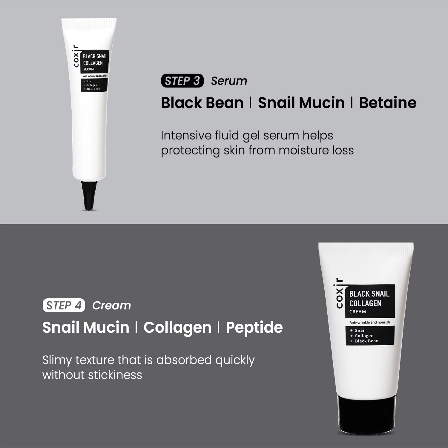 coxir Black Snail Collagen Starter Kit – Cleanser, Toner, Serum & Cream | Repairing Snail Mucin Skincare Set, Hydrating Korean Beauty Routine for Women (4-Piece) - Image 2