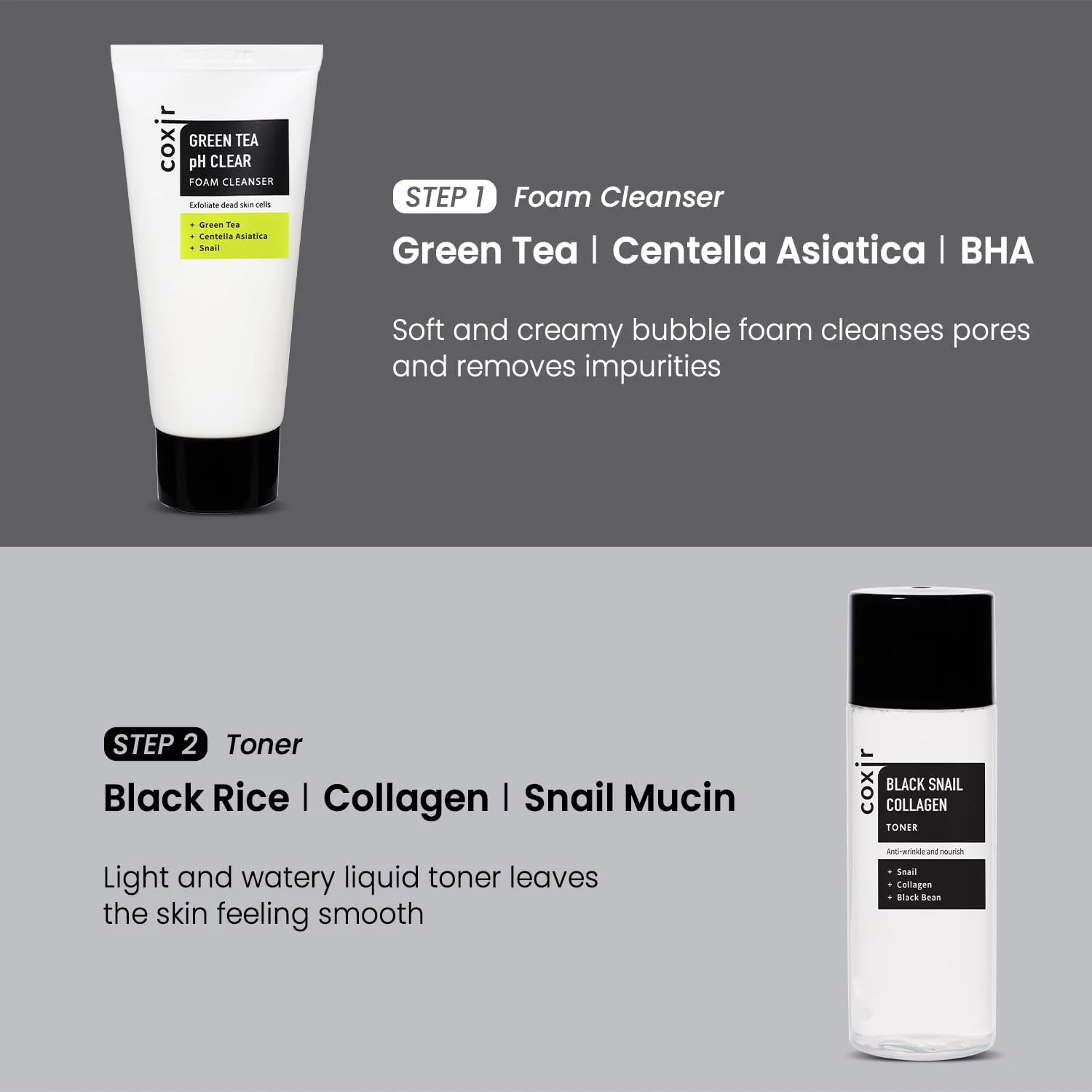 coxir Black Snail Collagen Starter Kit – Cleanser, Toner, Serum & Cream | Repairing Snail Mucin Skincare Set, Hydrating Korean Beauty Routine for Women (4-Piece) - Image 3