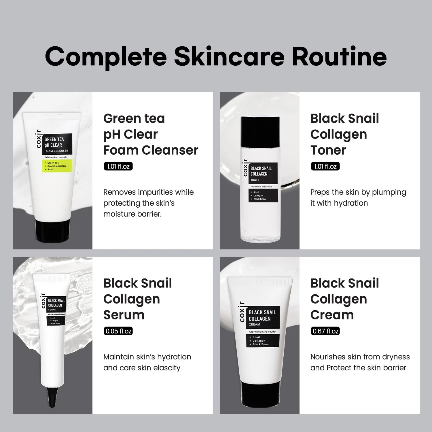 coxir Black Snail Collagen Starter Kit – Cleanser, Toner, Serum & Cream | Repairing Snail Mucin Skincare Set, Hydrating Korean Beauty Routine for Women (4-Piece) - Image 4