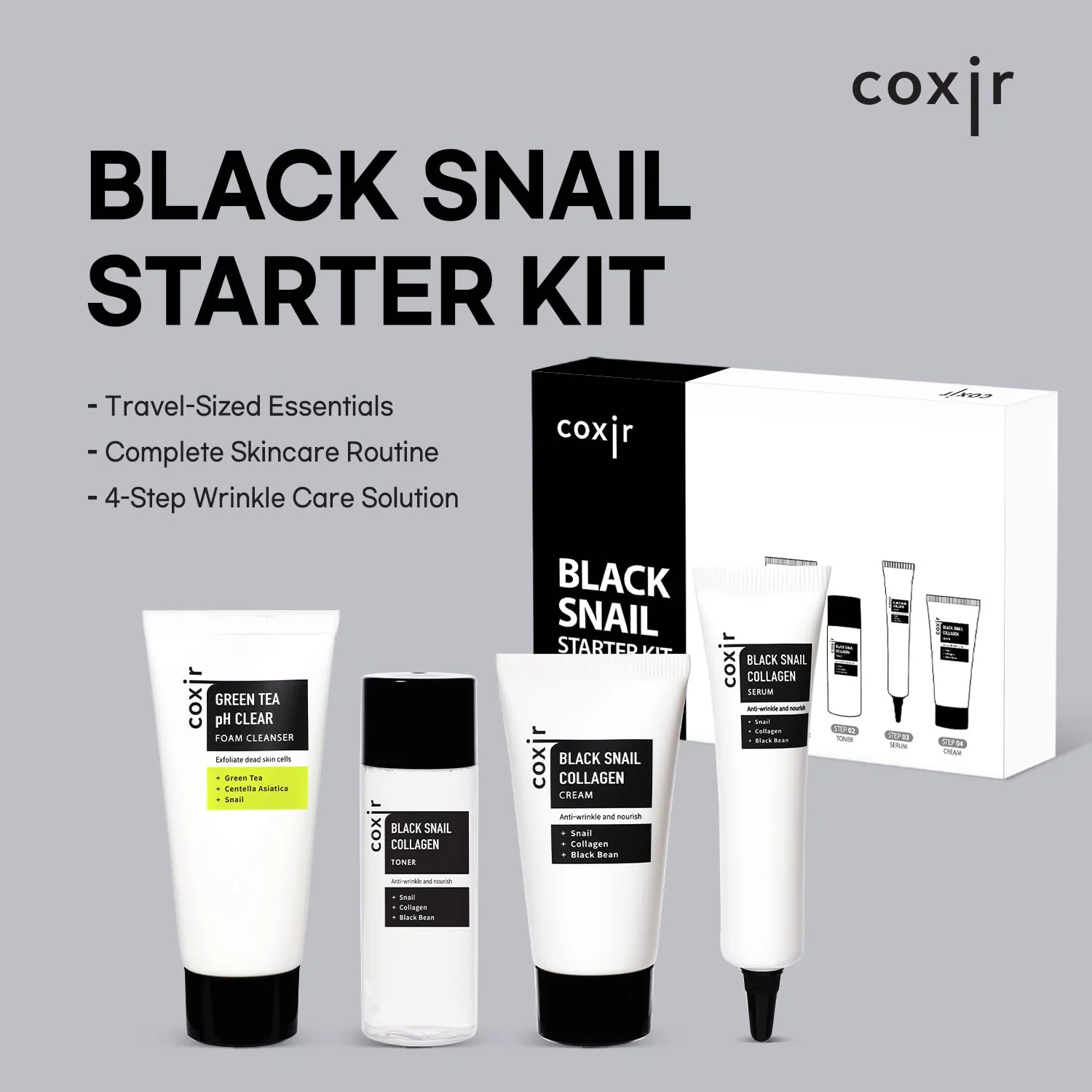 coxir Black Snail Collagen Starter Kit – Cleanser, Toner, Serum & Cream | Repairing Snail Mucin Skincare Set, Hydrating Korean Beauty Routine for Women (4-Piece) - Image 8