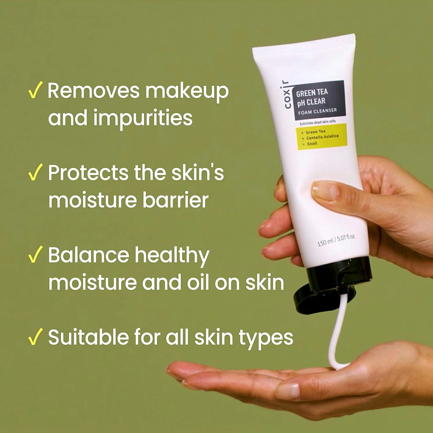 coxir GREENTEA PH CLEAR FOAM CLEANSER 5.07 Fl Oz l Low pH Formula Facial Washes with Gentle Exfoliating l deep cleanses pores and remove dead skin cells on skin,Korean skincare - Image 4