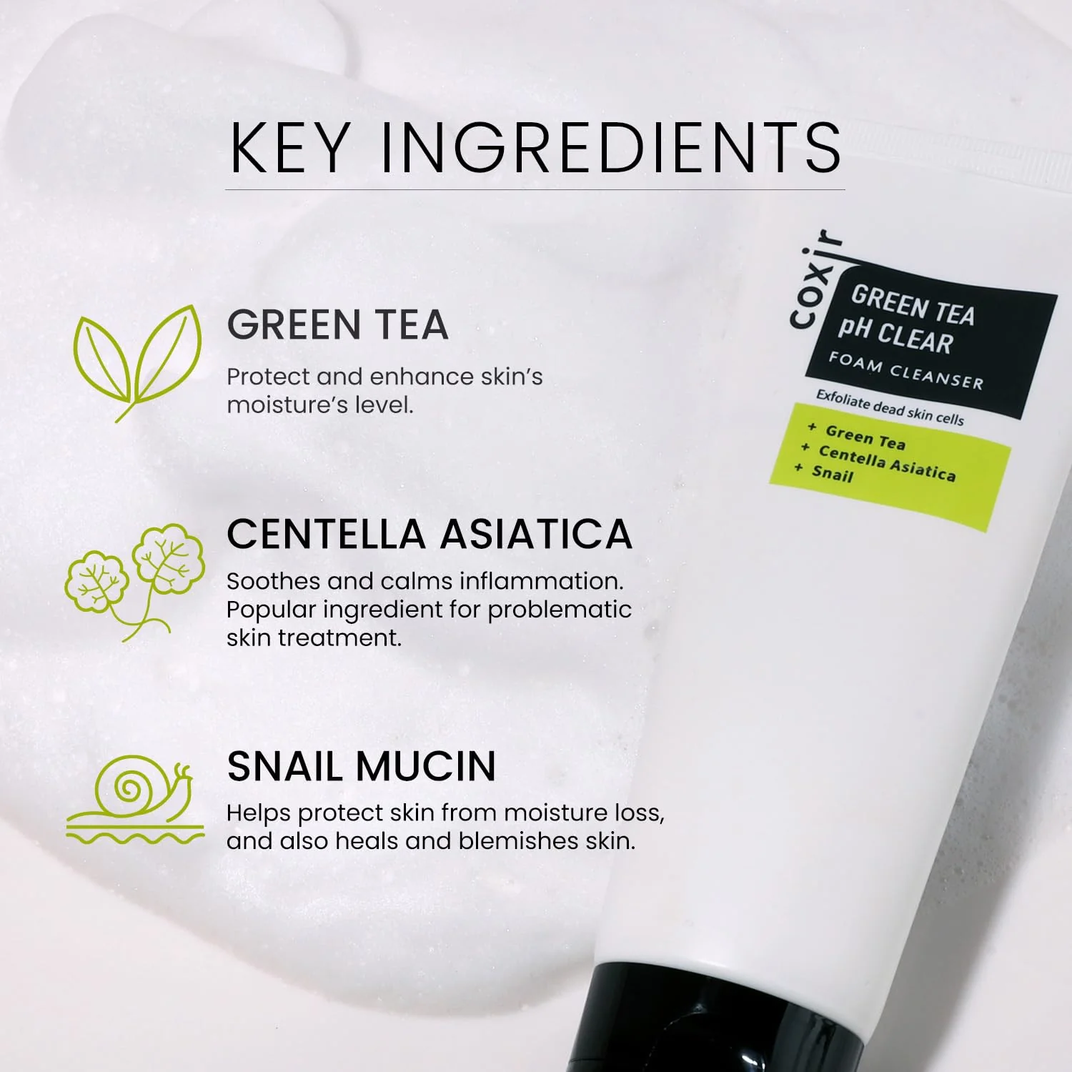 coxir GREENTEA PH CLEAR FOAM CLEANSER 5.07 Fl Oz l Low pH Formula Facial Washes with Gentle Exfoliating l deep cleanses pores and remove dead skin cells on skin,Korean skincare - Image 5