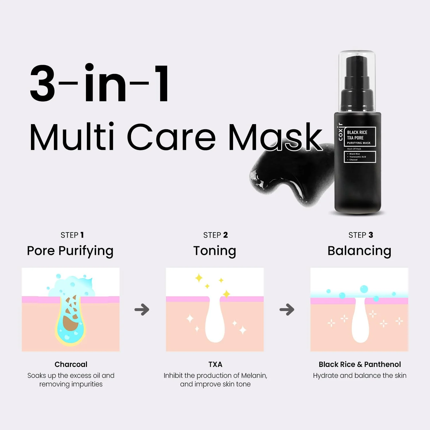 Coxir TXA Black Rice Pore Mask – Korean 3-in-1 Wash-Off Mask Serum| Pore Purifying, Blackhead Care, Hydrating, Skin Toning Treatment with TXA & Black Rice |Vegan K-beuaty Face Mask [50ml/1.69 fl.oz] - Image 8
