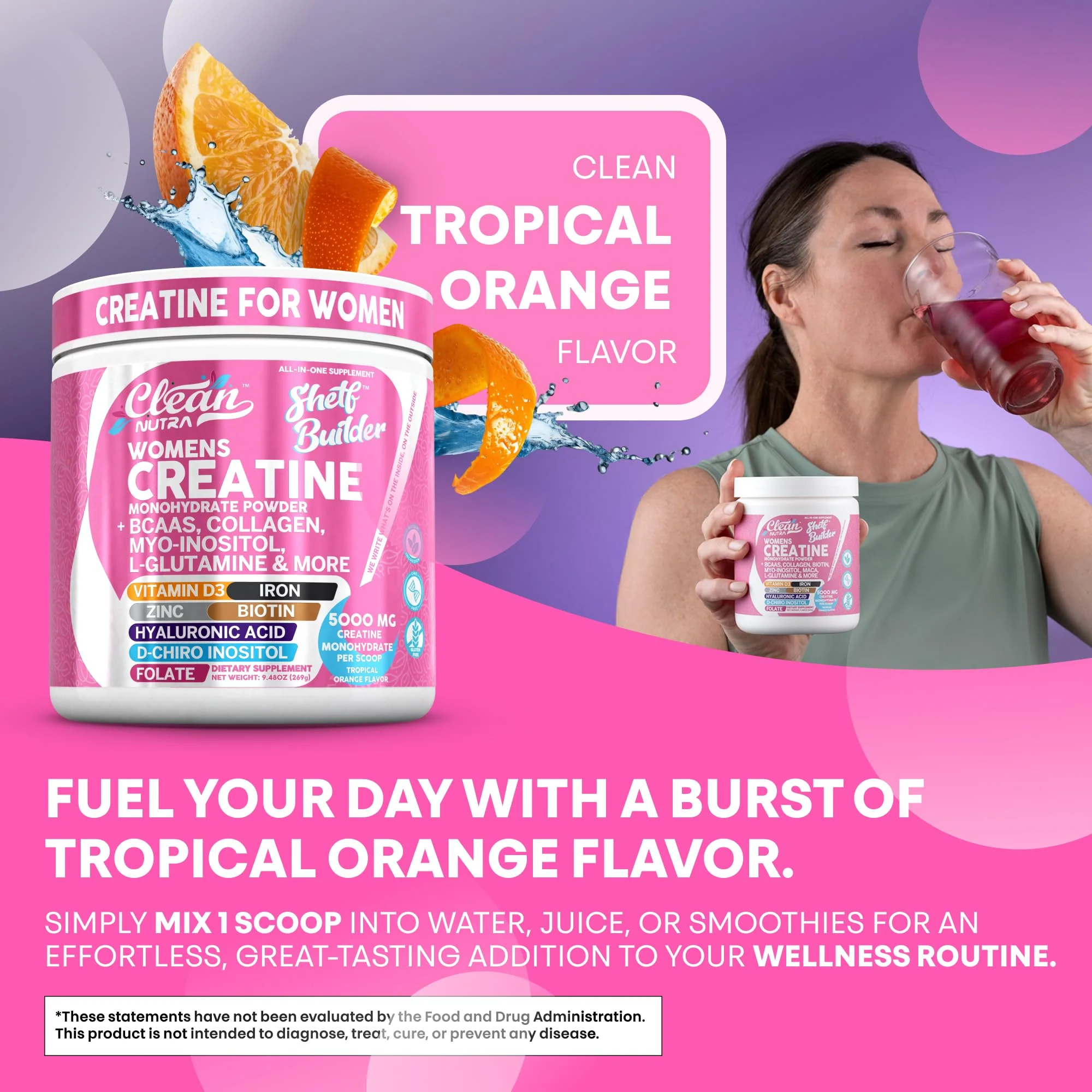 Creatine for Women | Creatine Monohydrate + BCAA Powder Myo-Inositol Collagen Biotin Hyaluronic Acid Folate L Glutamine Vitamin D3 Iron Zinc D-Chiro-Maca Digestion Shelf Builder by Clean Nutra - Image 4