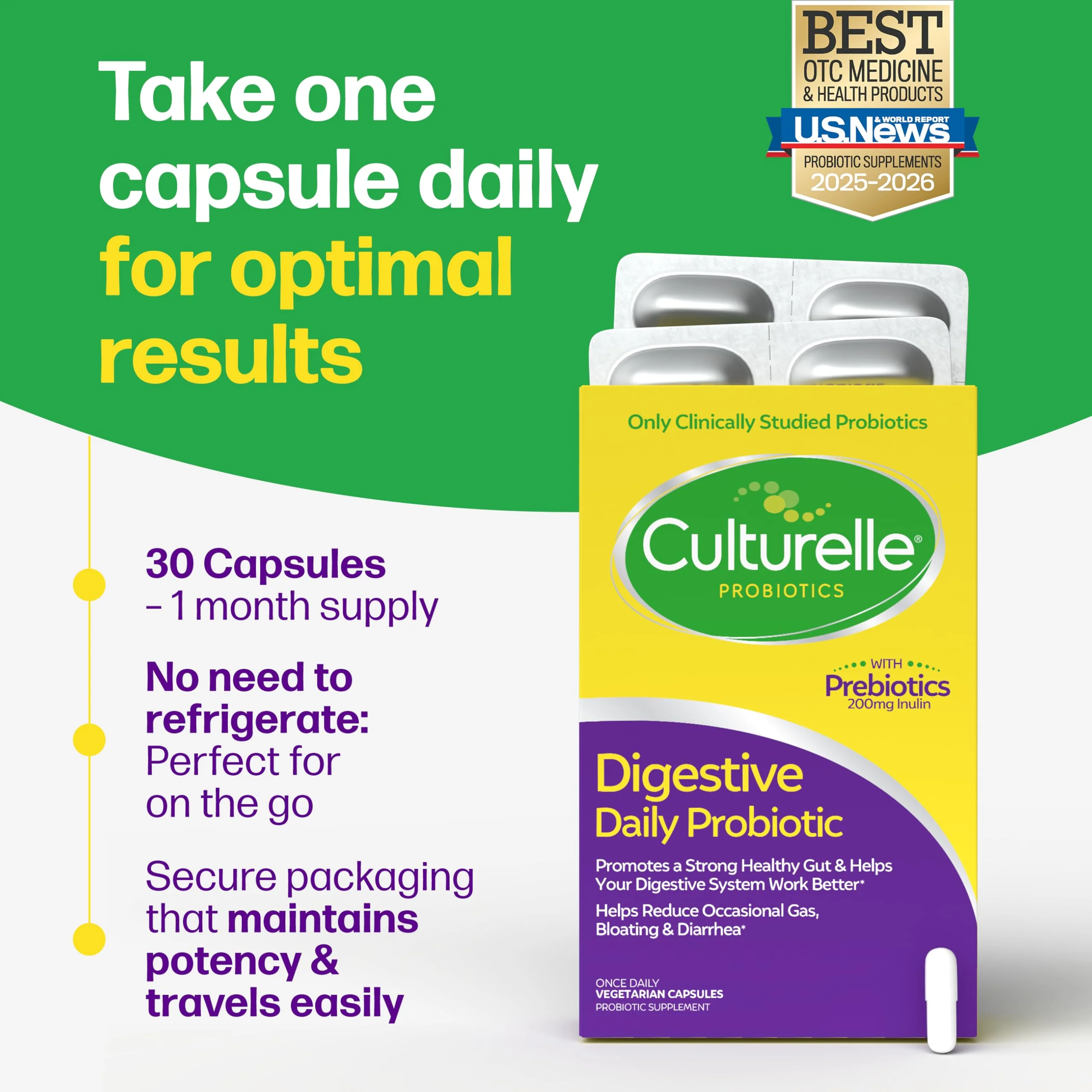 Culturelle Daily Probiotic Capsules For Men & Women, Most Clinically Studied Probiotic Strain, Digestive & Gut Health, Supports Occasional Diarrhea, Gas & Bloating, 1 Month Supply, 30 CT - Image 5