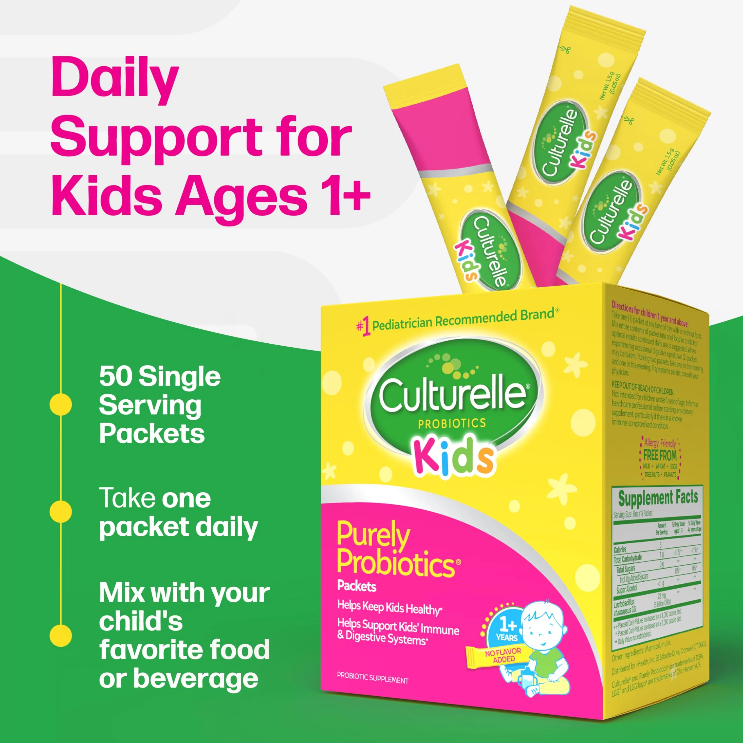 Culturelle Kids Daily Probiotic Packets for Kids, (Ages 3+) - 50 Count – From the #1 Pediatrician-Recommended Brand – Flavorless Daily Probiotics for Digestive Health & Immune Support - Image 4