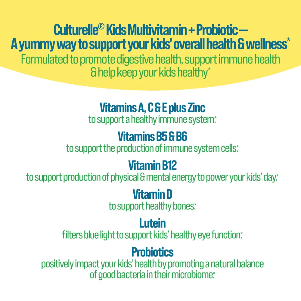 Culturelle Kids Multivitamin + Probiotic For Kids (Ages 2+) - 60 Count, Peach-Orange & Mixed Berry Flavor - Digestive Health & Immune Support Gummies with Lutein to Support Eye Health - Image 4