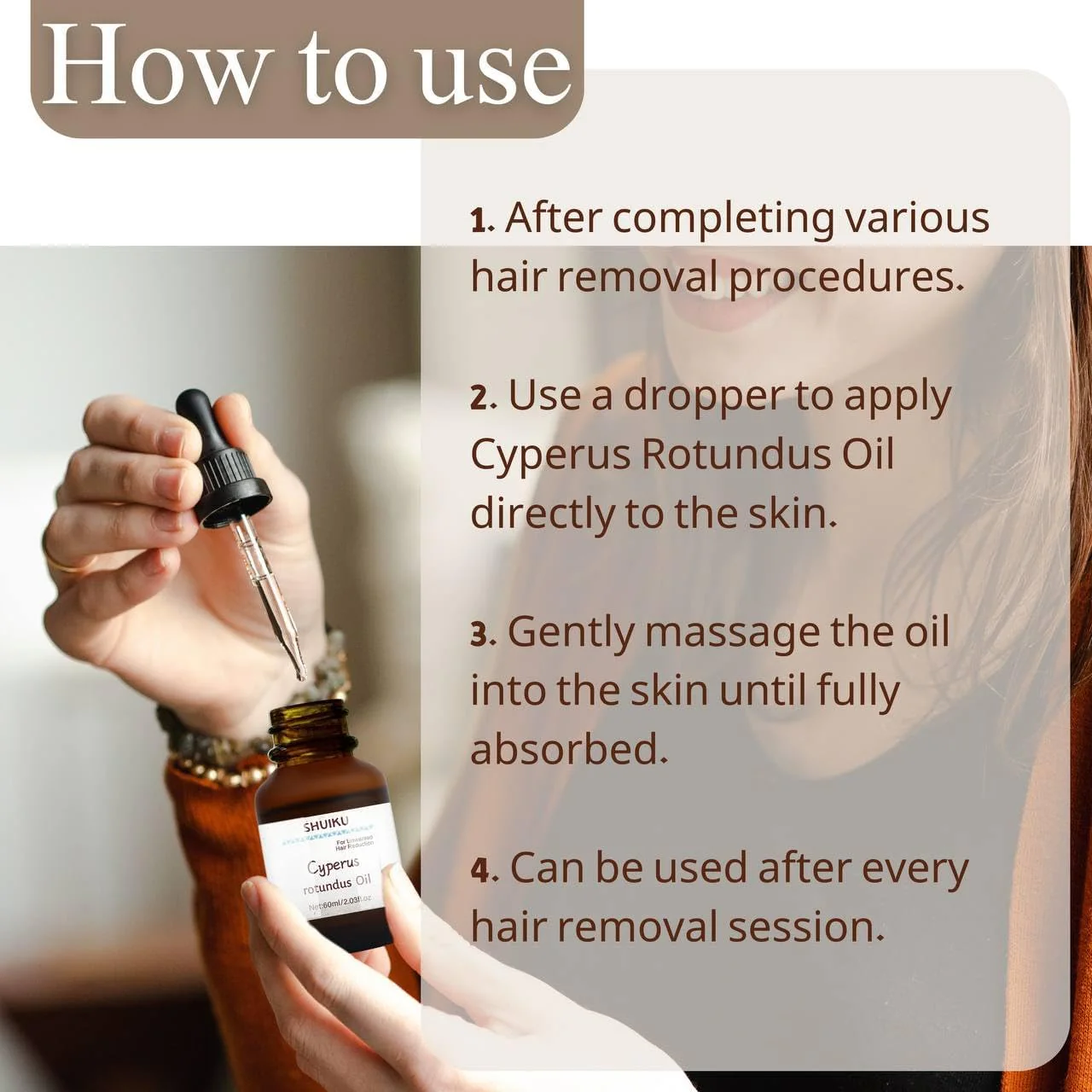 Cyperus Rotundus Oil for Hair Removal 2 PACKS – 100% Pure Natural Cyprus Oil – Organic Herbal Cypress Root Extract for Smooth Skin, Reducing Body Hair Growth, Ingrown Hair & Nourishment – 60ml - Image 6