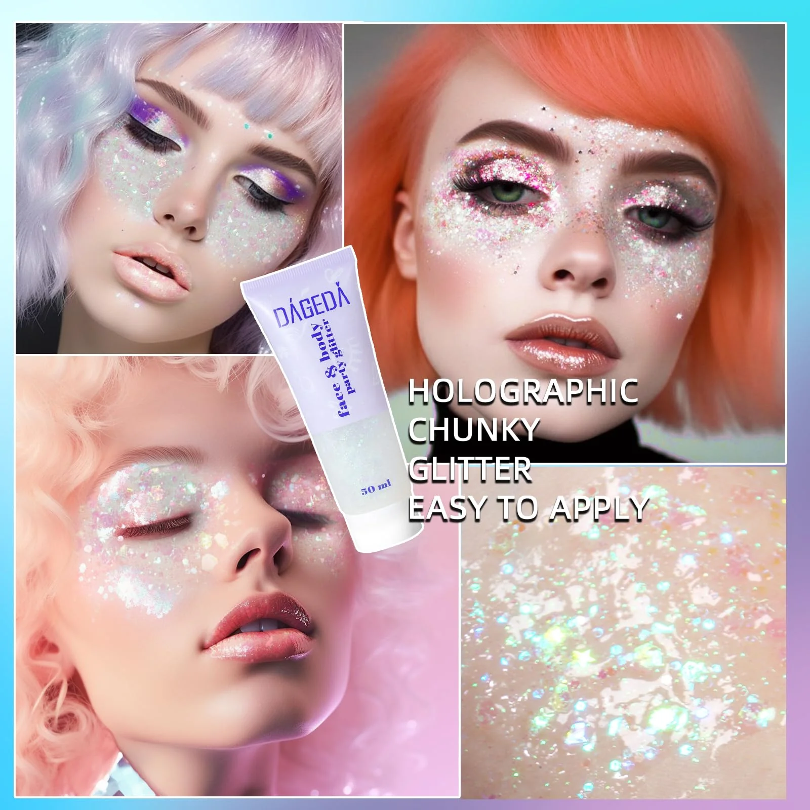 DAGEDA Body Glitter Gel, Face Glitter Body Gel Sequins Shimmer Liquid Eyeshadow, Chunky Glitter for Face Hair Nails, Holographic Cosmetic Laser Powder Festival Glitter Makeup 50ml(White) - Image 6