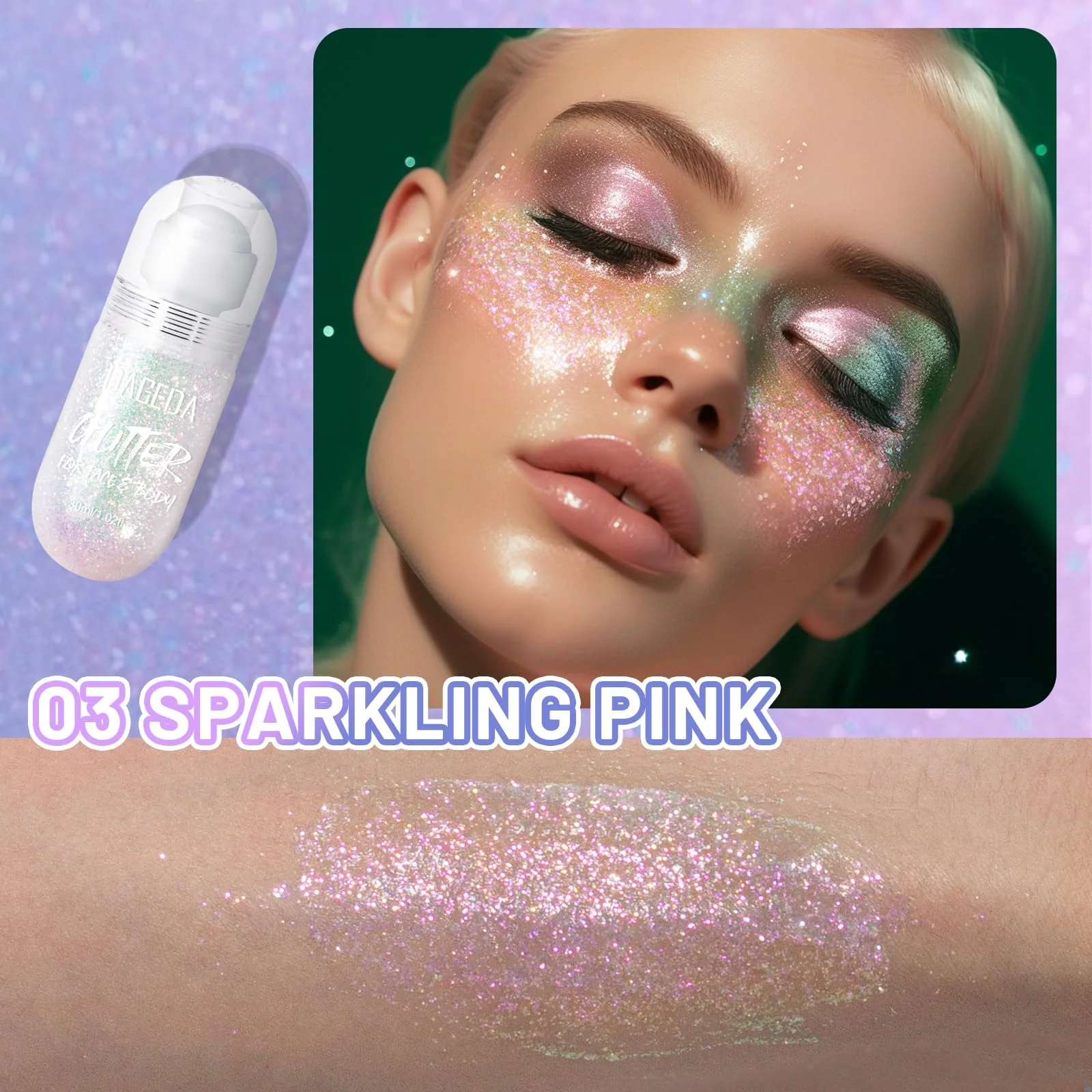 DAGEDA Body Glitter Gel, Roll-on Face Glitter for Mermaid Makeup Festival Rave Accessories, Holographic Hair Glitter Gel,Body Shimmer Halloween Makeup for Rave Party (Sparkling Pink) - Image 6