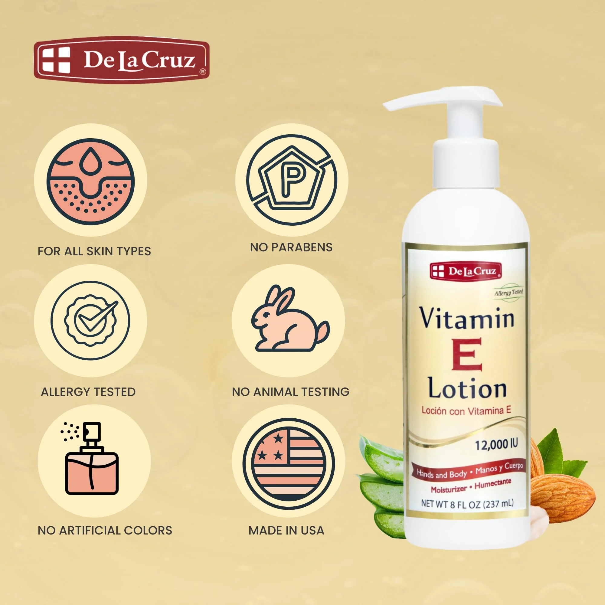 De La Cruz Vitamin E Lotion for Dry Skin 12,000 IU with Avocado Oil, Almond Oil & Aloe Vera.vitamin e moisturizer, Moisturizing body lotion and face lotion for All Skin Types 8 FL OZ Made in USA - Image 5